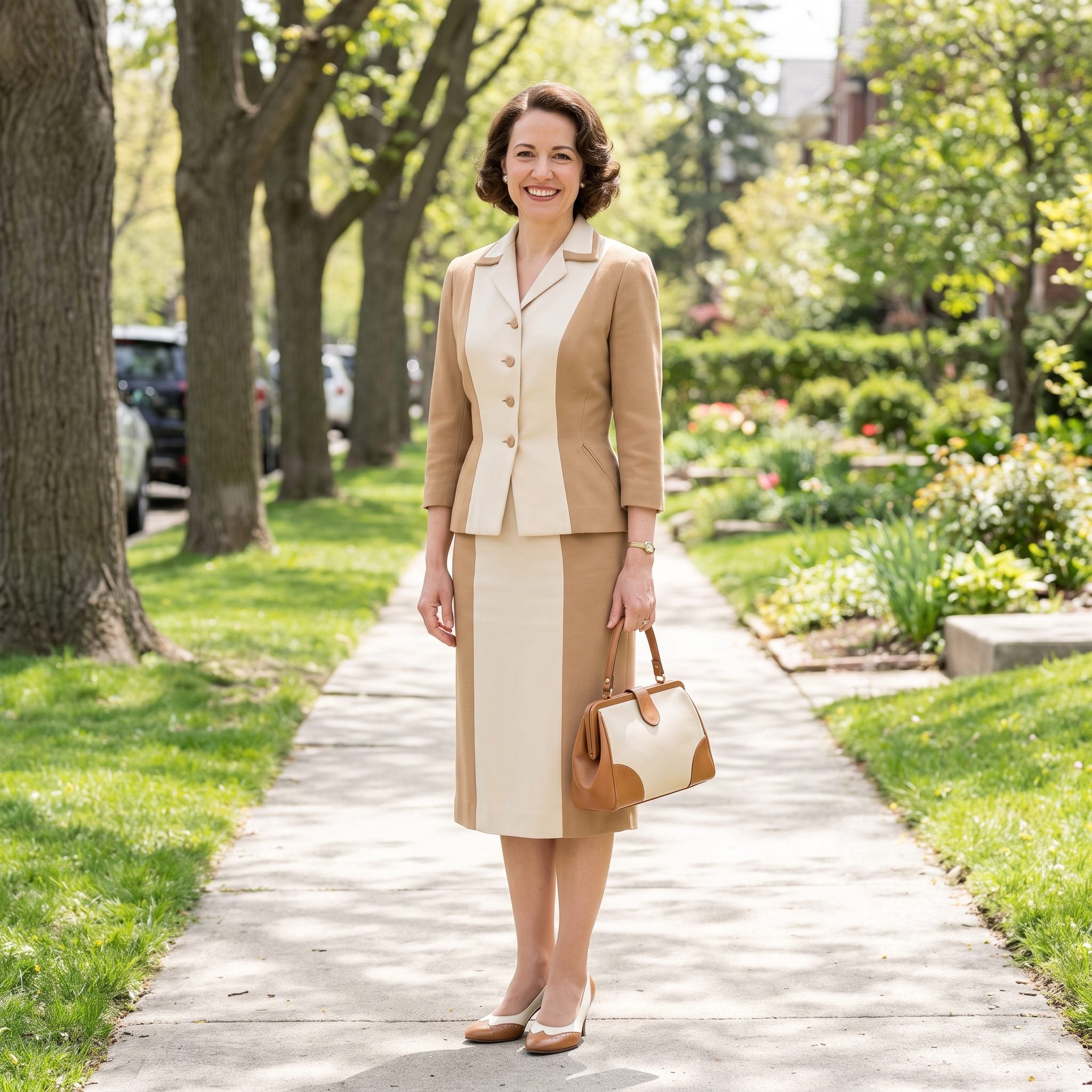 Tan-and-Cream Spectator Pumps + Two-Tone Handbag