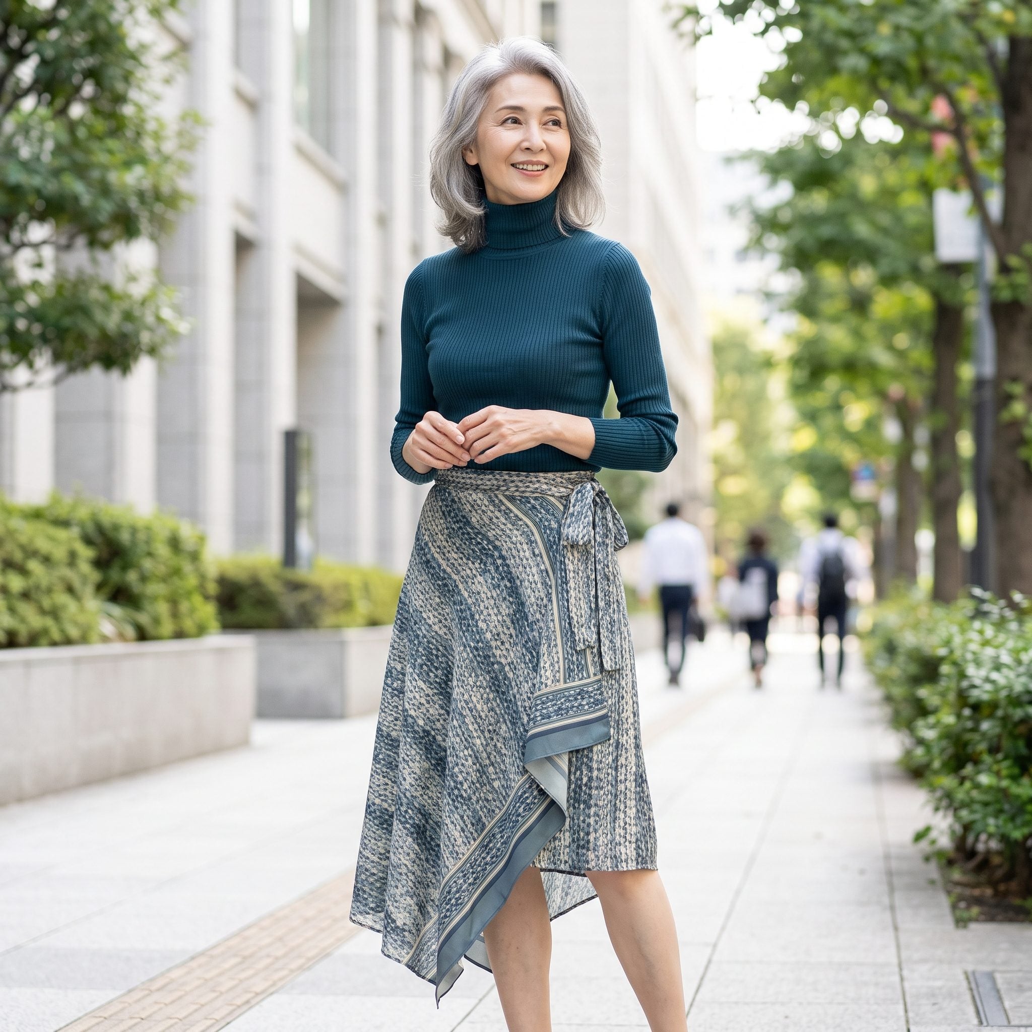 Teal Turtleneck With an Asymmetric Wrap Skirt