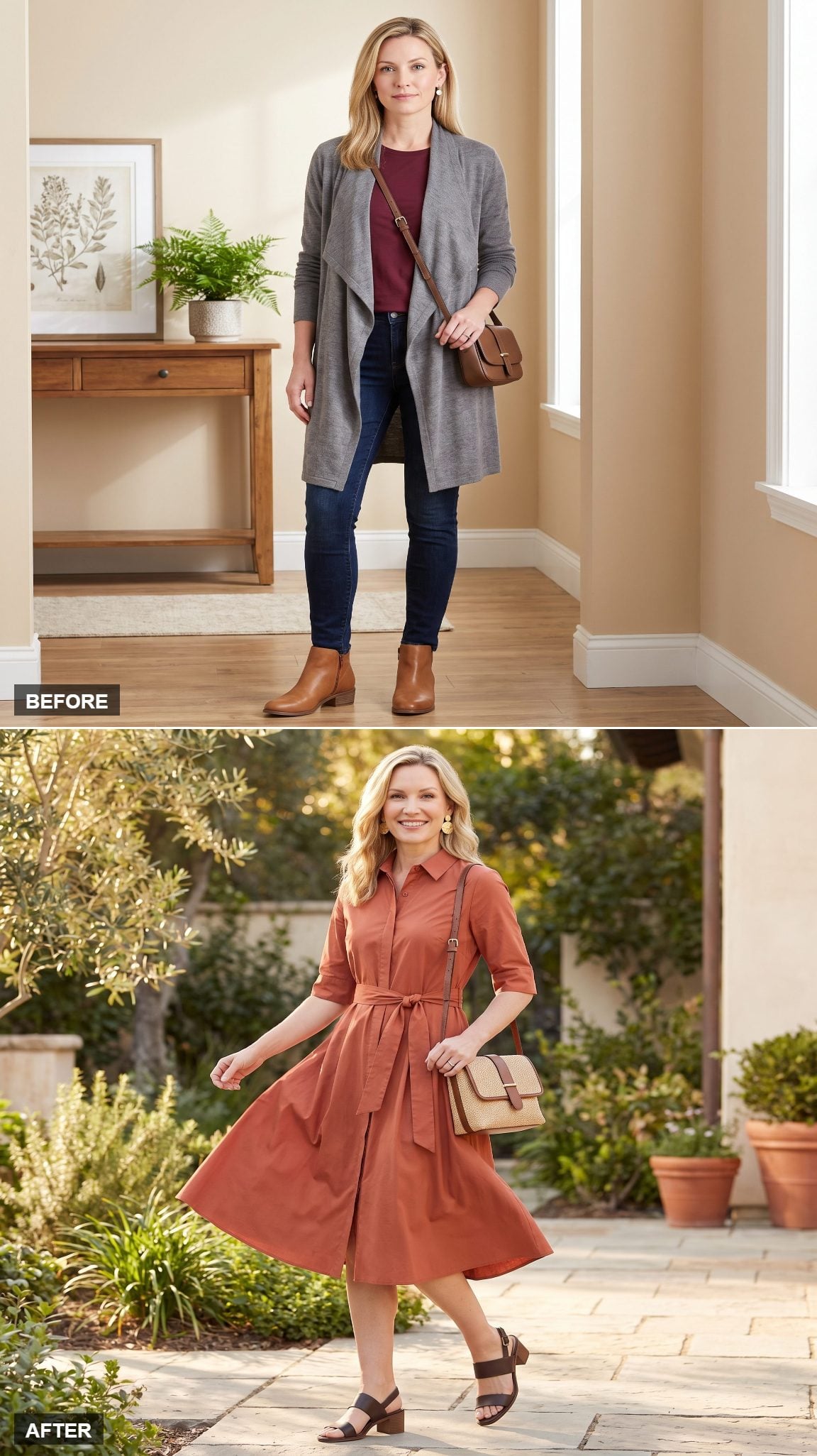 Terracotta Shirt Dress with Sculptural Sandals