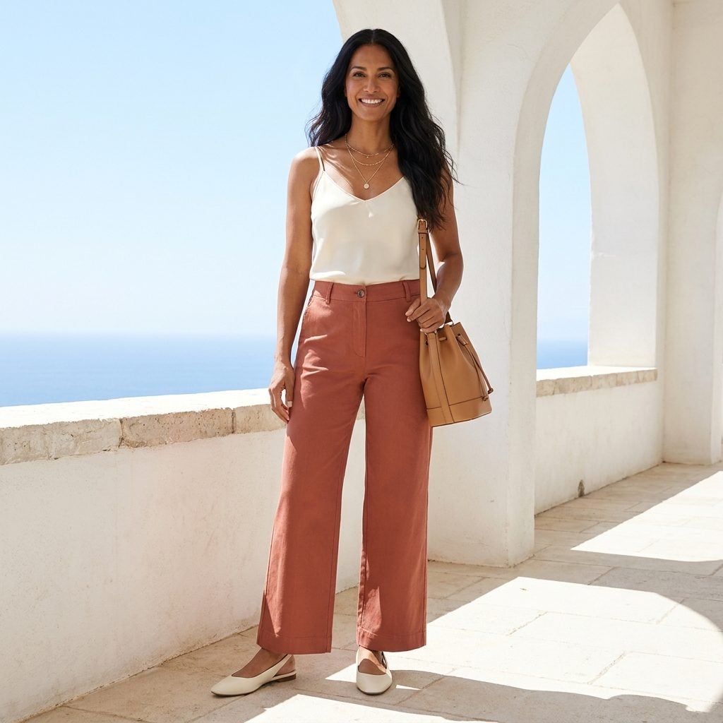 Terracotta Wide-Leg Trousers + Ivory Slingback Flats