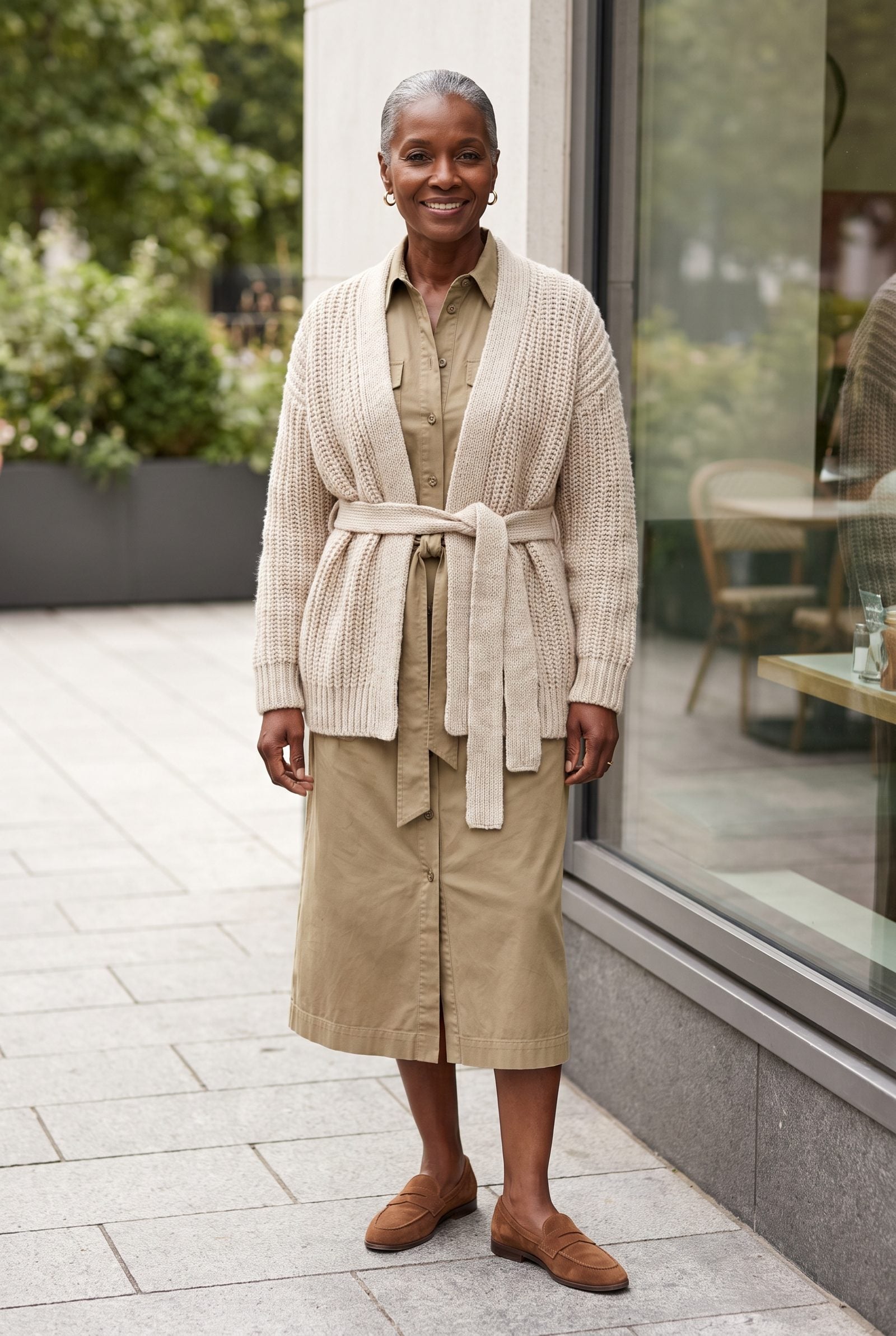 Woman in a khaki belted utility dress under a chunky cardigan with its own belt, two belts stacked at the waist.