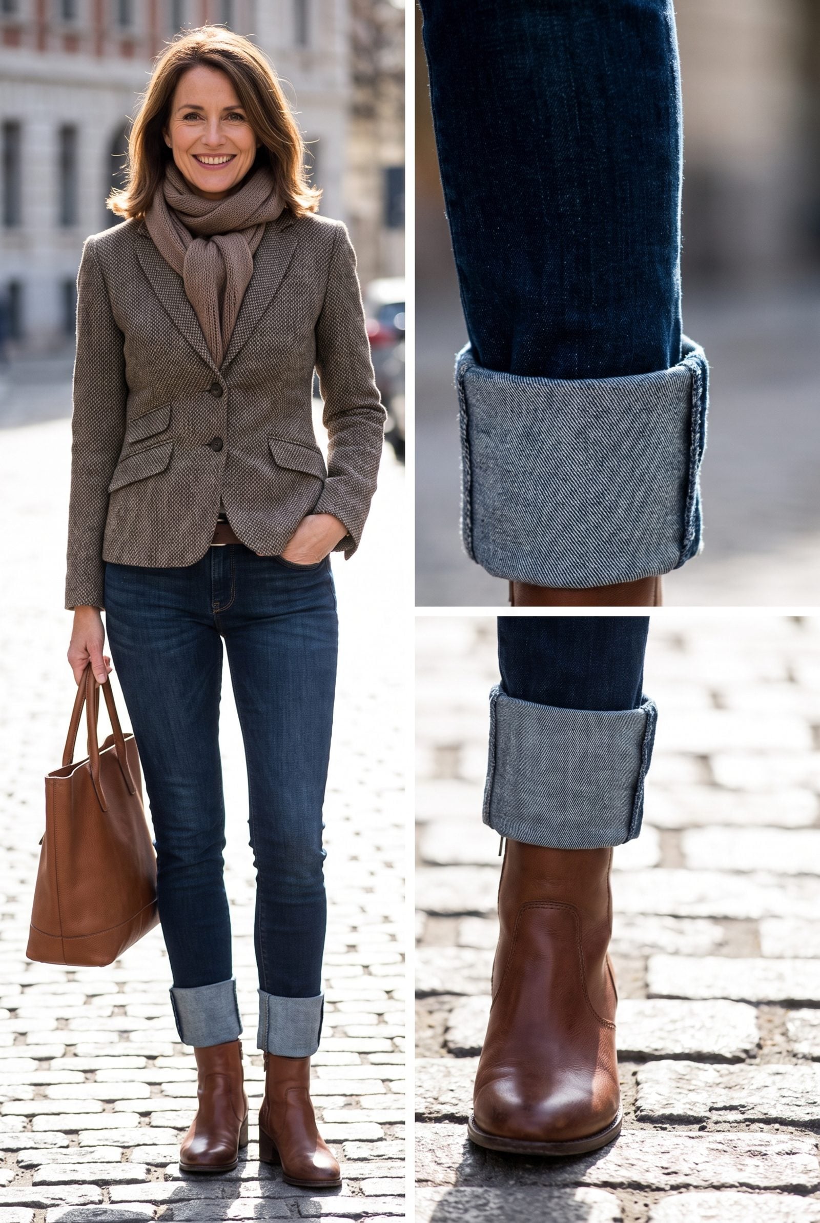 Woman in black skinny jeans with a thick double cuff resting on top of grey suede ankle boots.