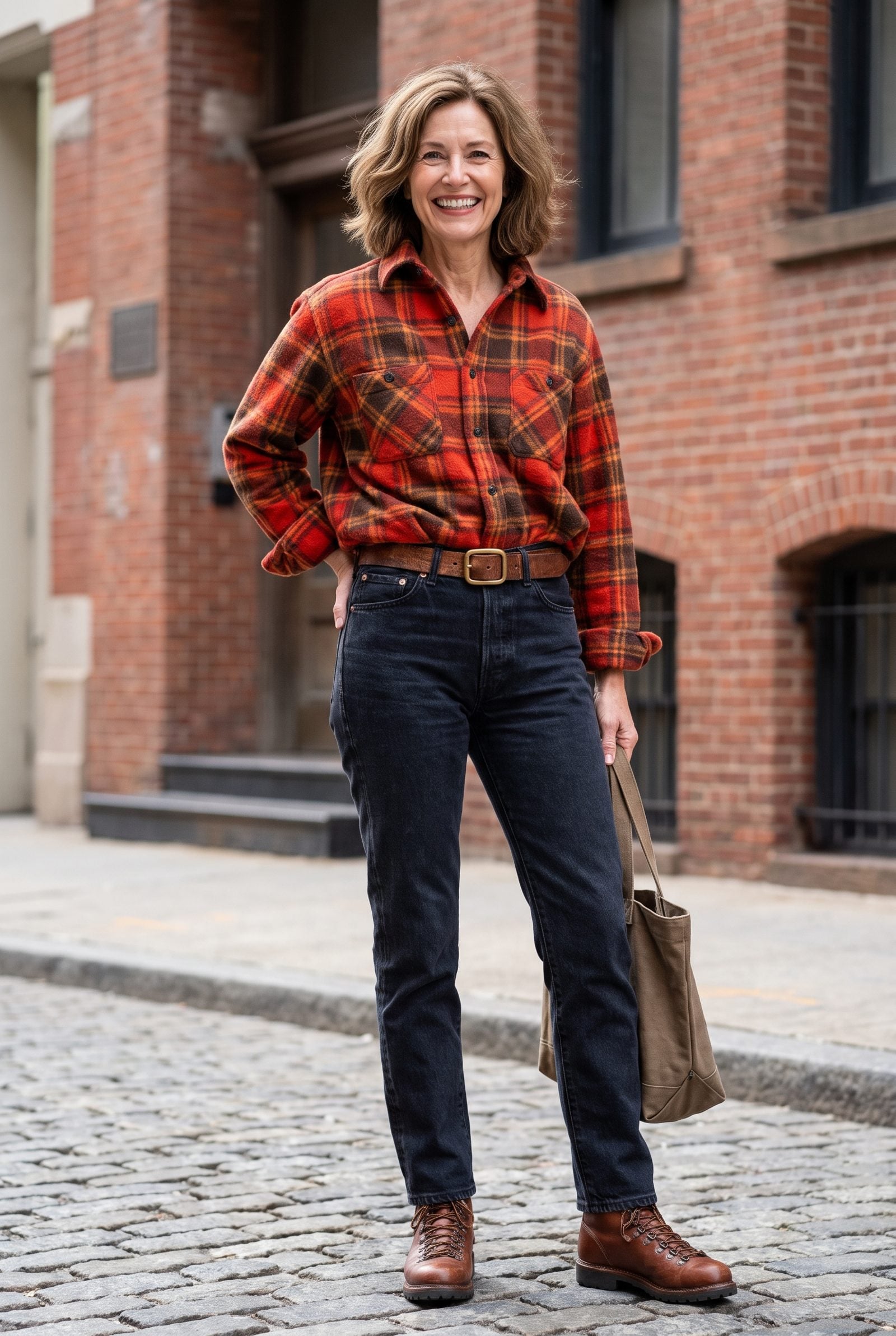 Woman in a heavy plaid flannel tucked into slim jeans with a narrow waistband, the thick fabric forming a padded roll around