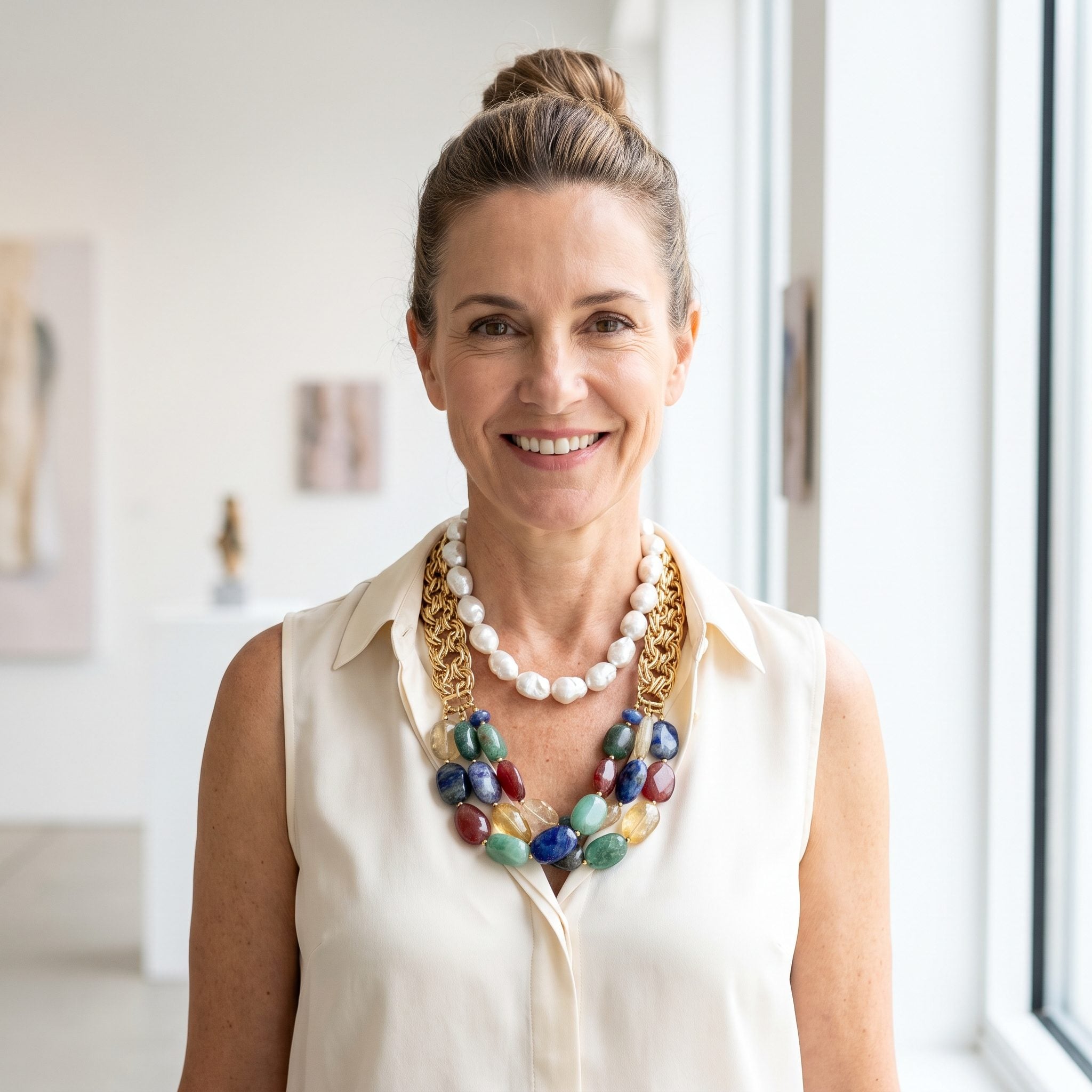 Woman in an ivory sleeveless blouse layering a gold chain, a pearl collar, and a gemstone bib necklace together.