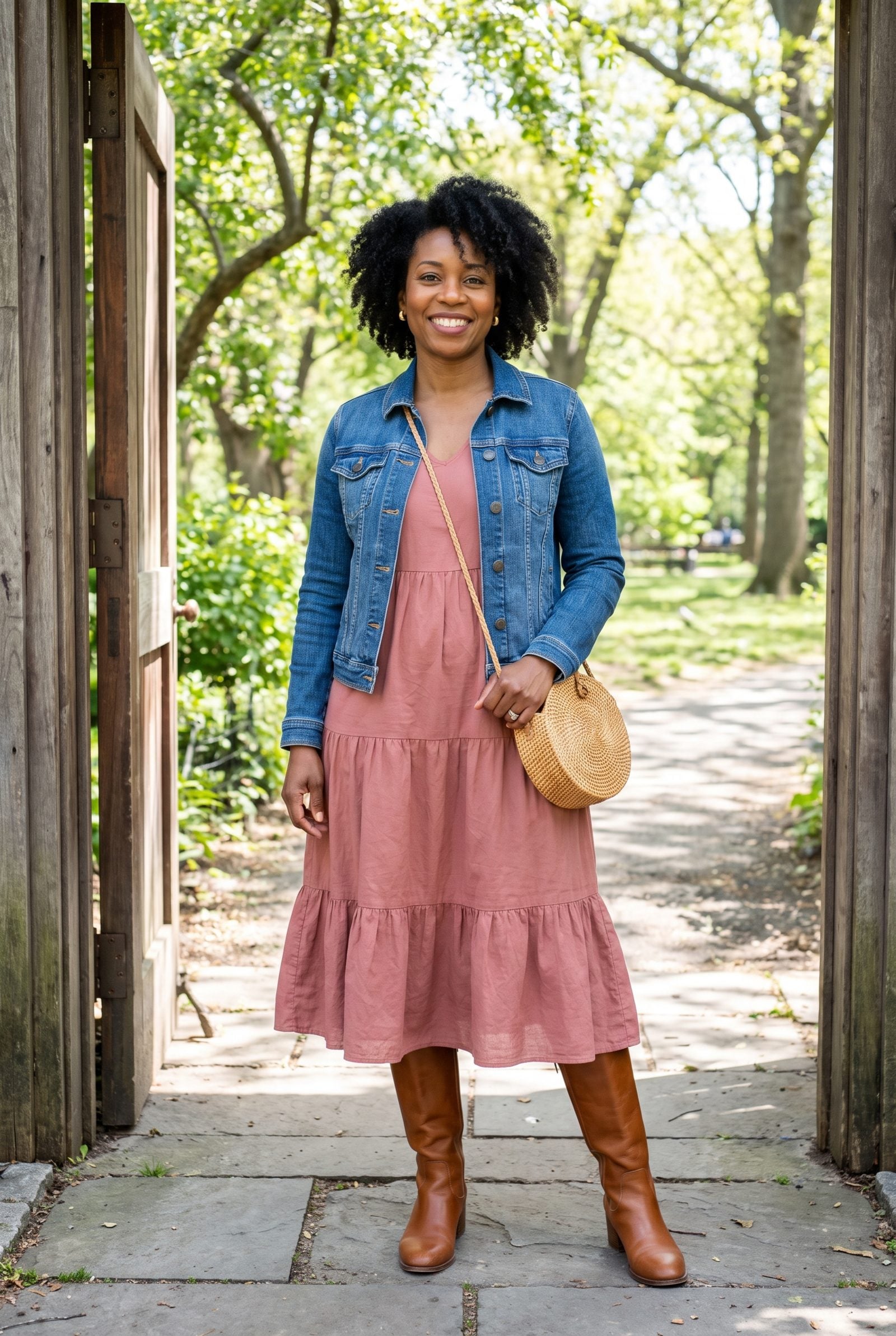 Woman in a dusty-rose tiered midi and cognac boots, the bottom ruffle flaring at the widest part of the calf.