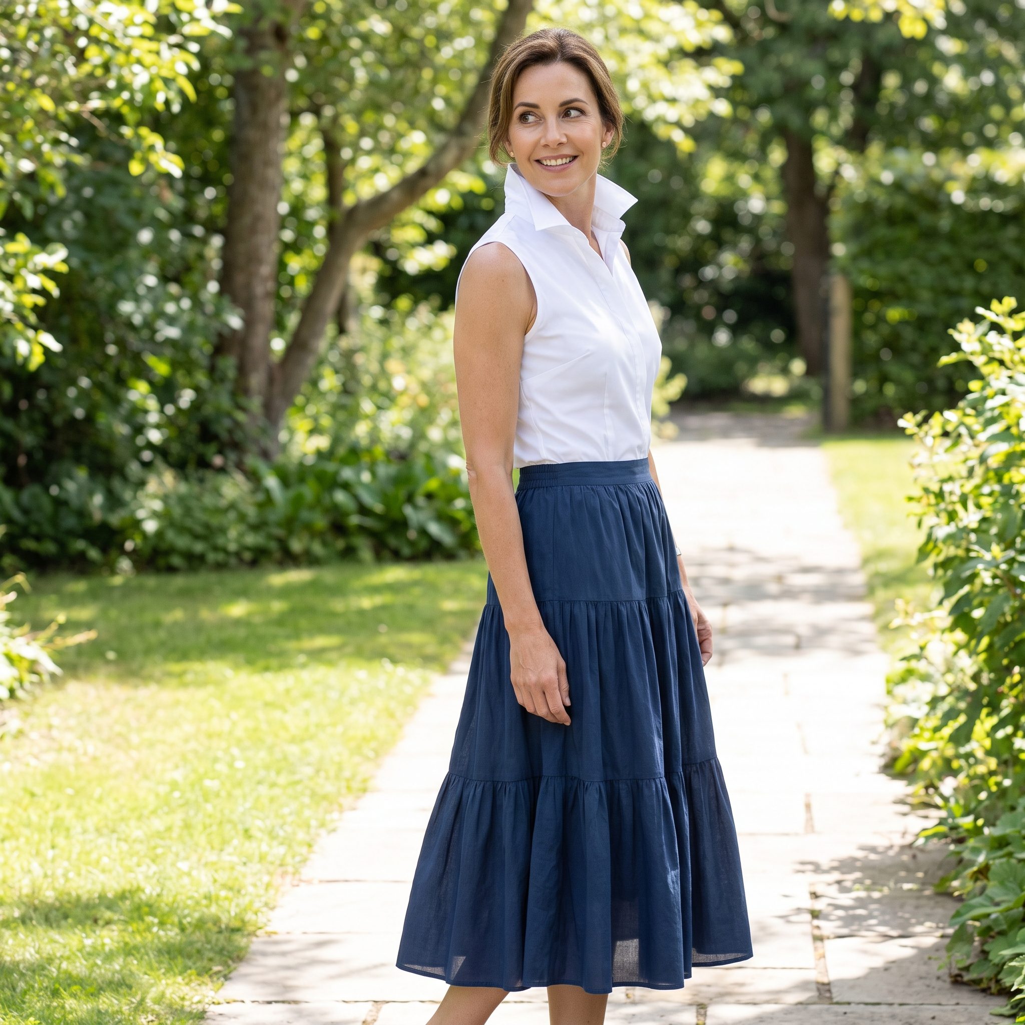 Tiered Midi + Sharp Sleeveless Shirt