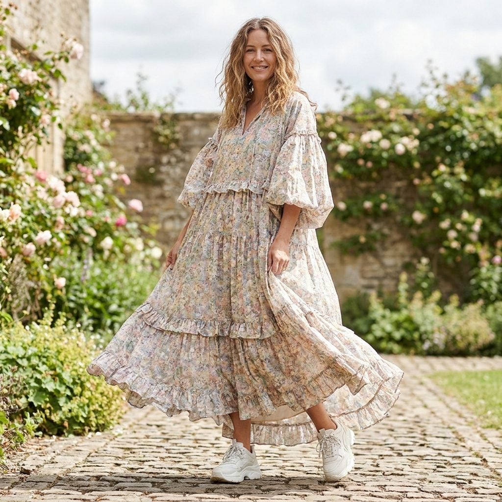 Tiered Prairie Dress + Bulky White Trainers