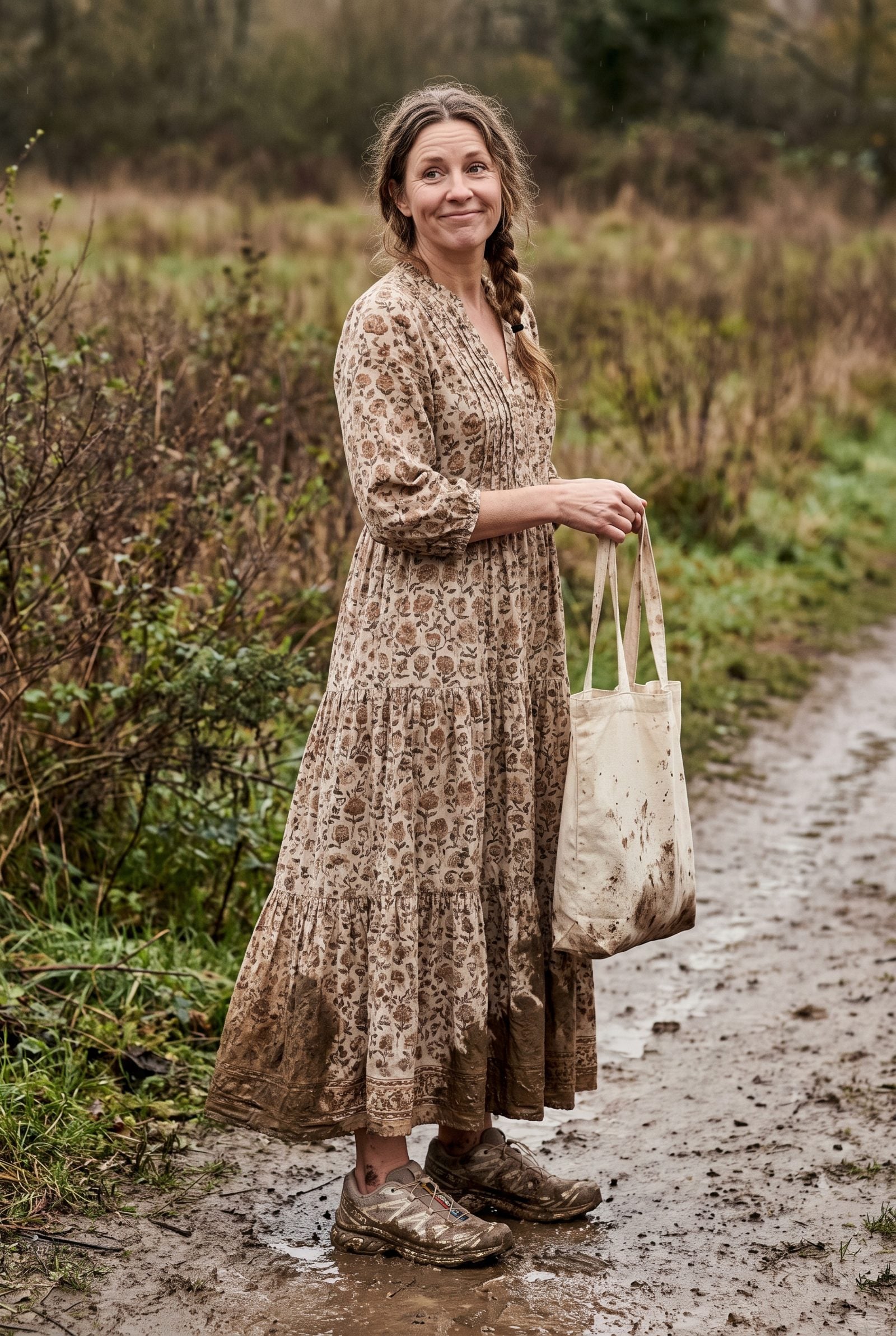 Woman in a cream tiered prairie dress wearing dark grey and orange trail sneakers with dried mud on the lug soles.
