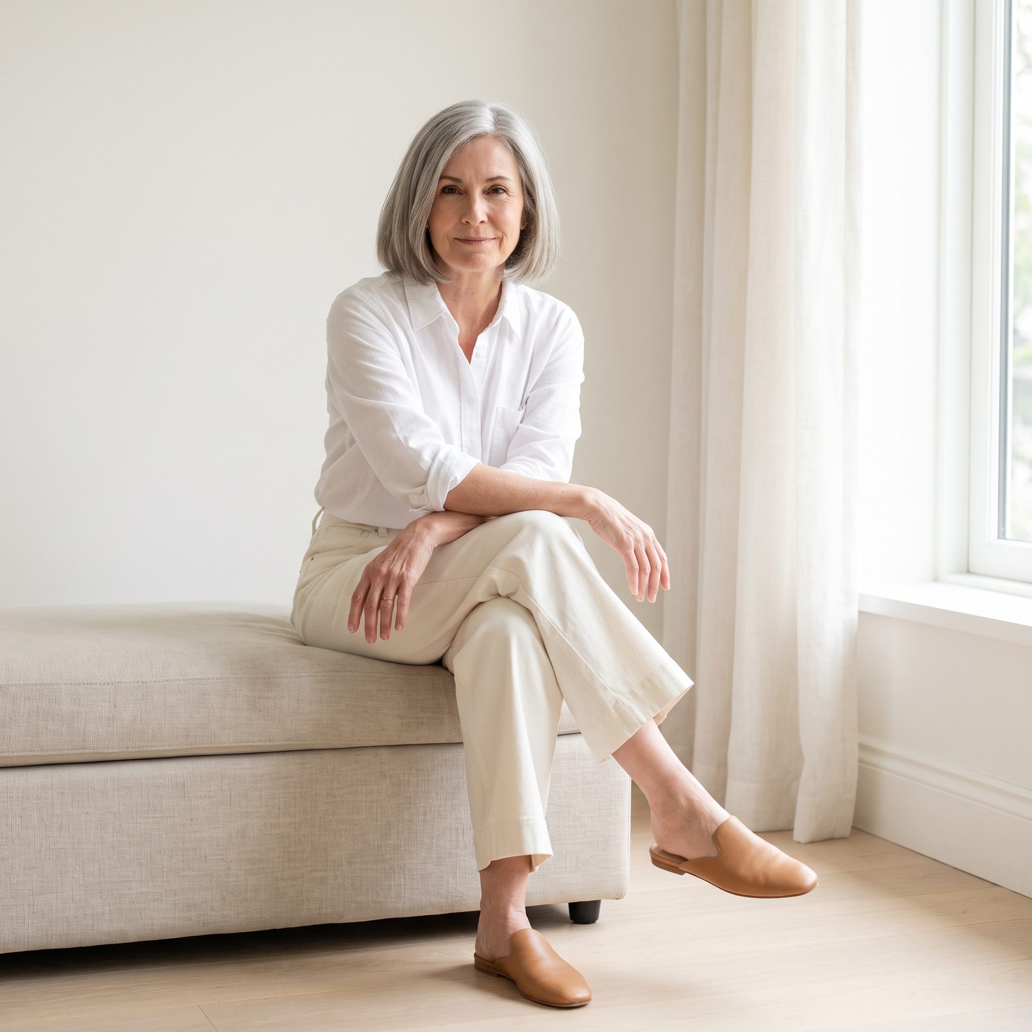 Contemporary white shirt styled simply with ivory trousers and flat mules