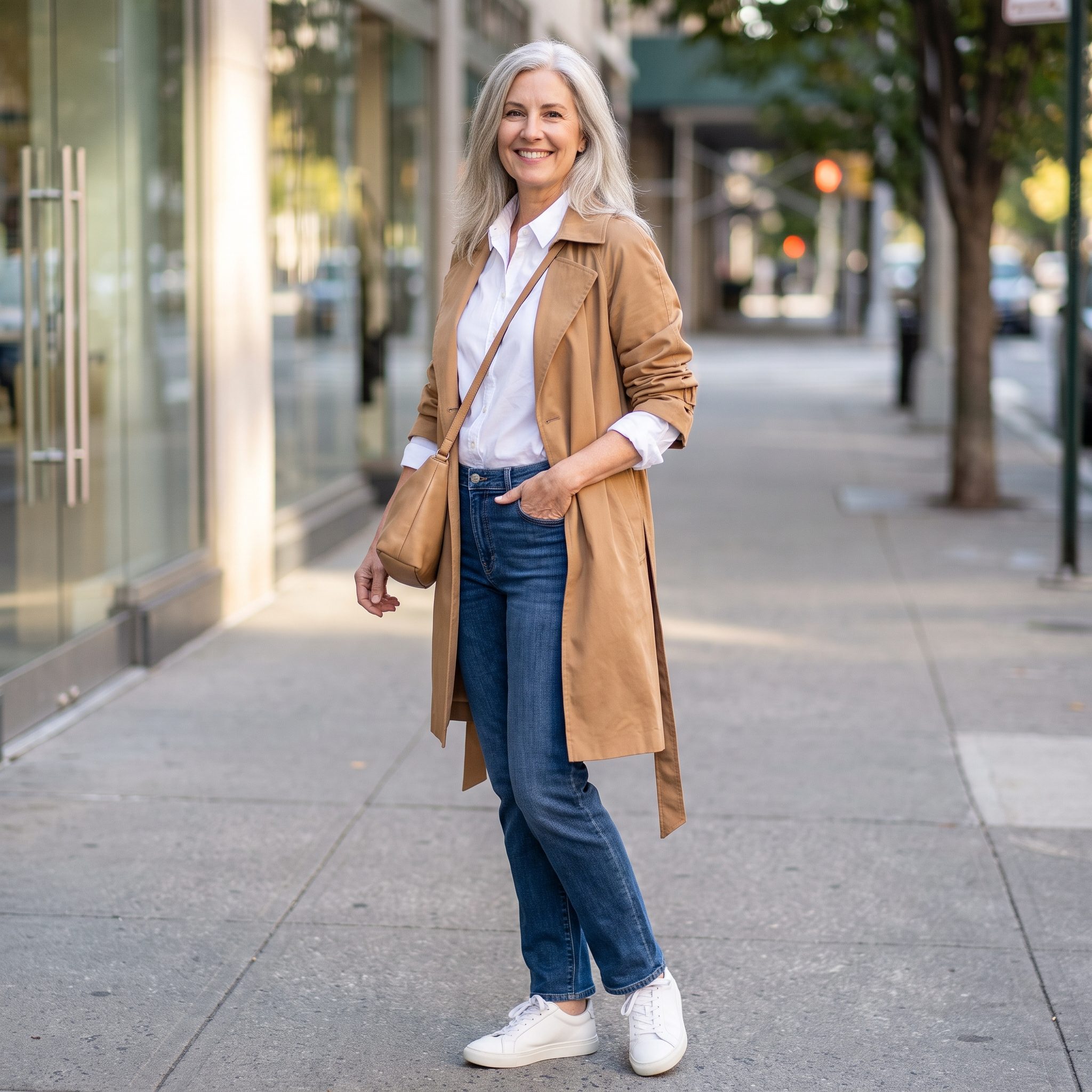 Contemporary white shirt with a trench coat and white sneakers