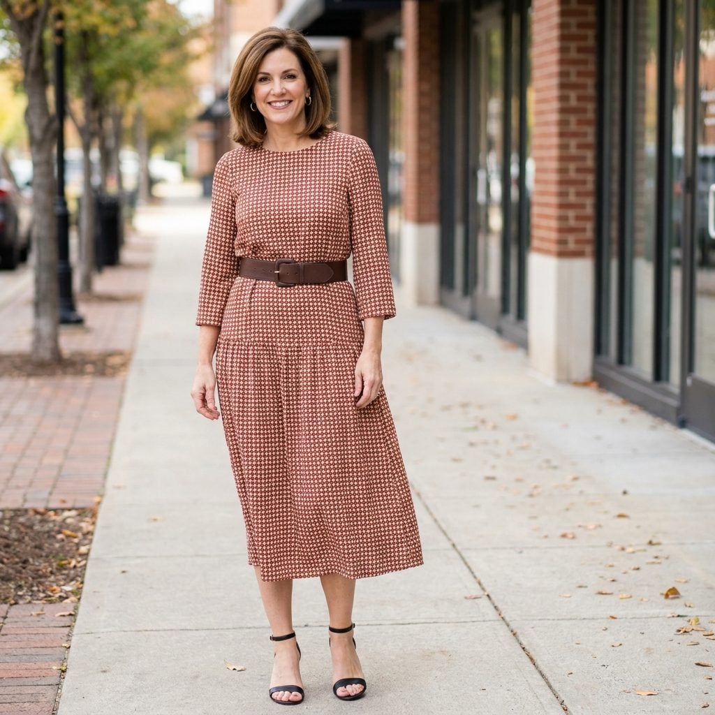 Woman in a russet midi dress with a dropped waist, contrasting belt, mid-calf hem, and ankle-strap sandals on a city street