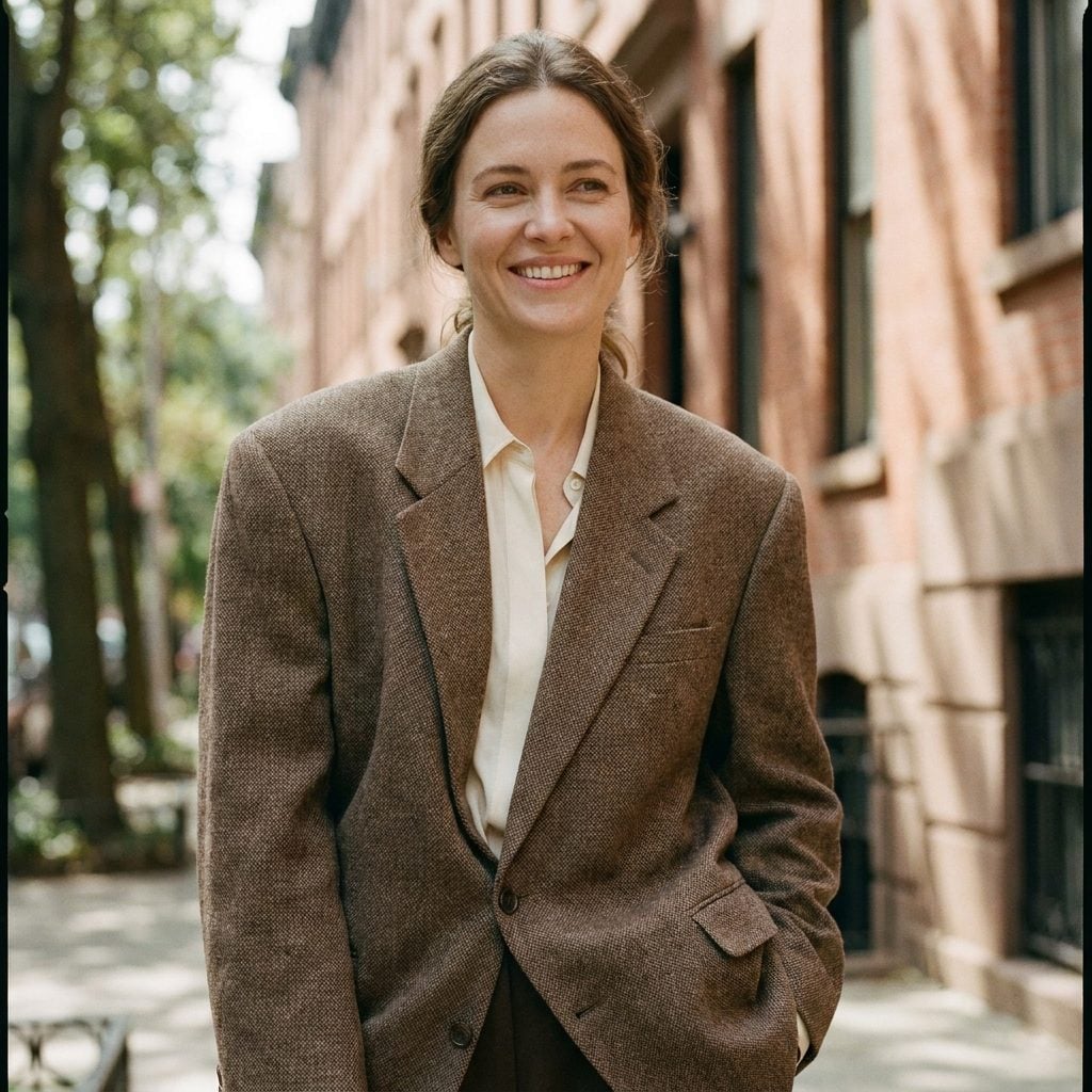 Woman in a navy blazer and cream trousers, blazer chest standing away from her torso with a soft vertical fold on each side.