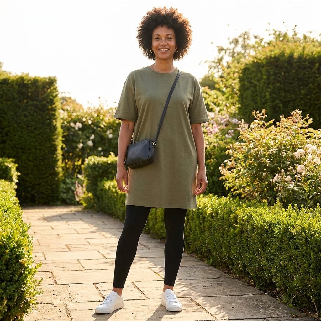 Woman in black leggings and a boxy olive t-shirt dress cut straight across the widest part of the hip.
