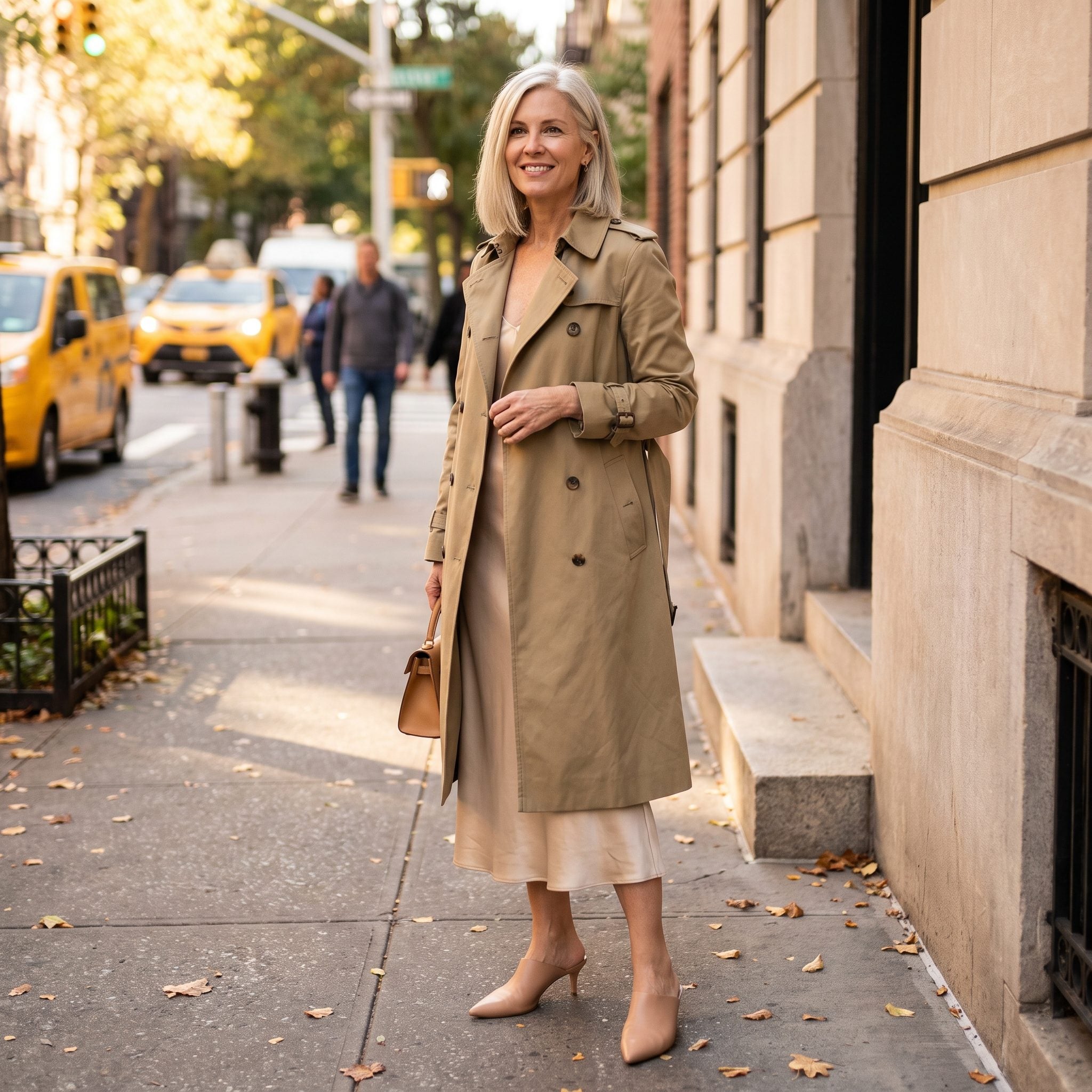 The Trench Belted at the Back, Worn Loose in Front Over a Slip Dress