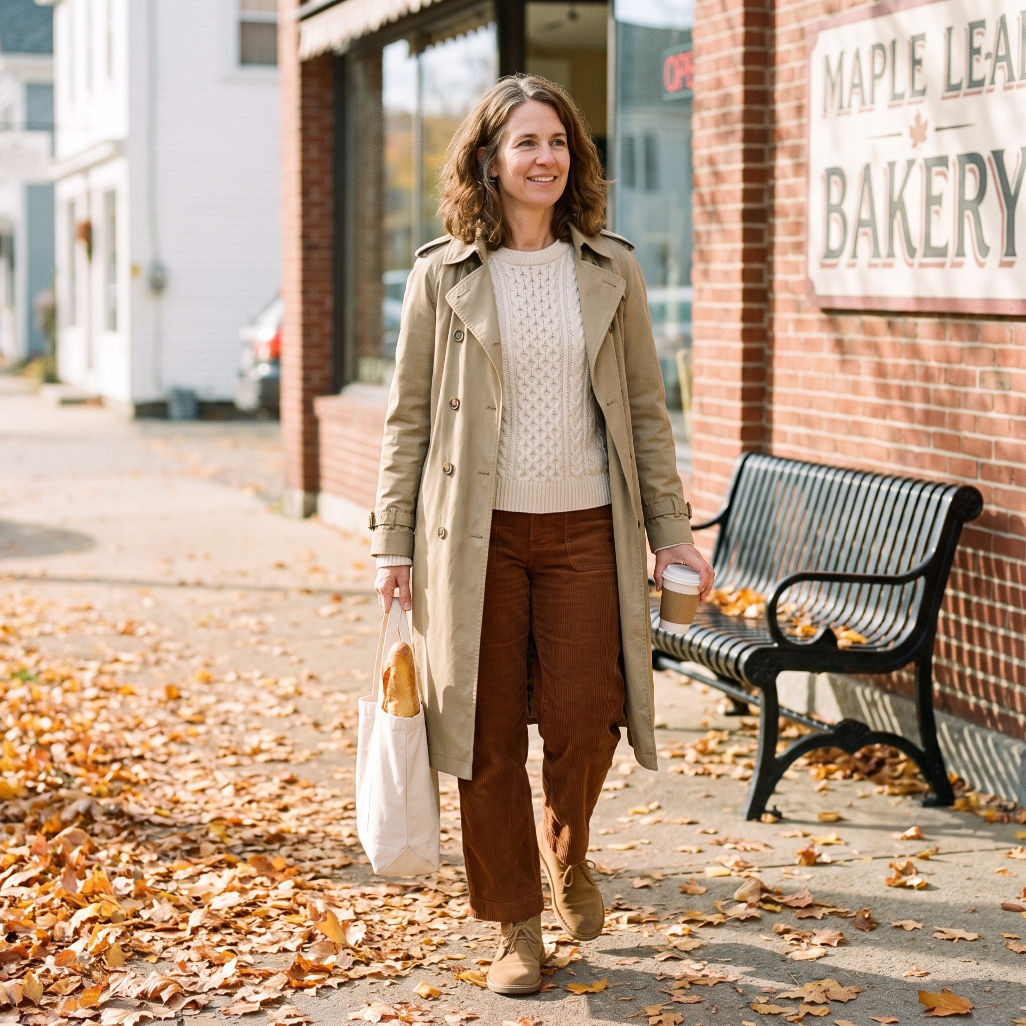Trench Over a Chunky Fisherman Sweater With Corduroy Trousers for October Errands