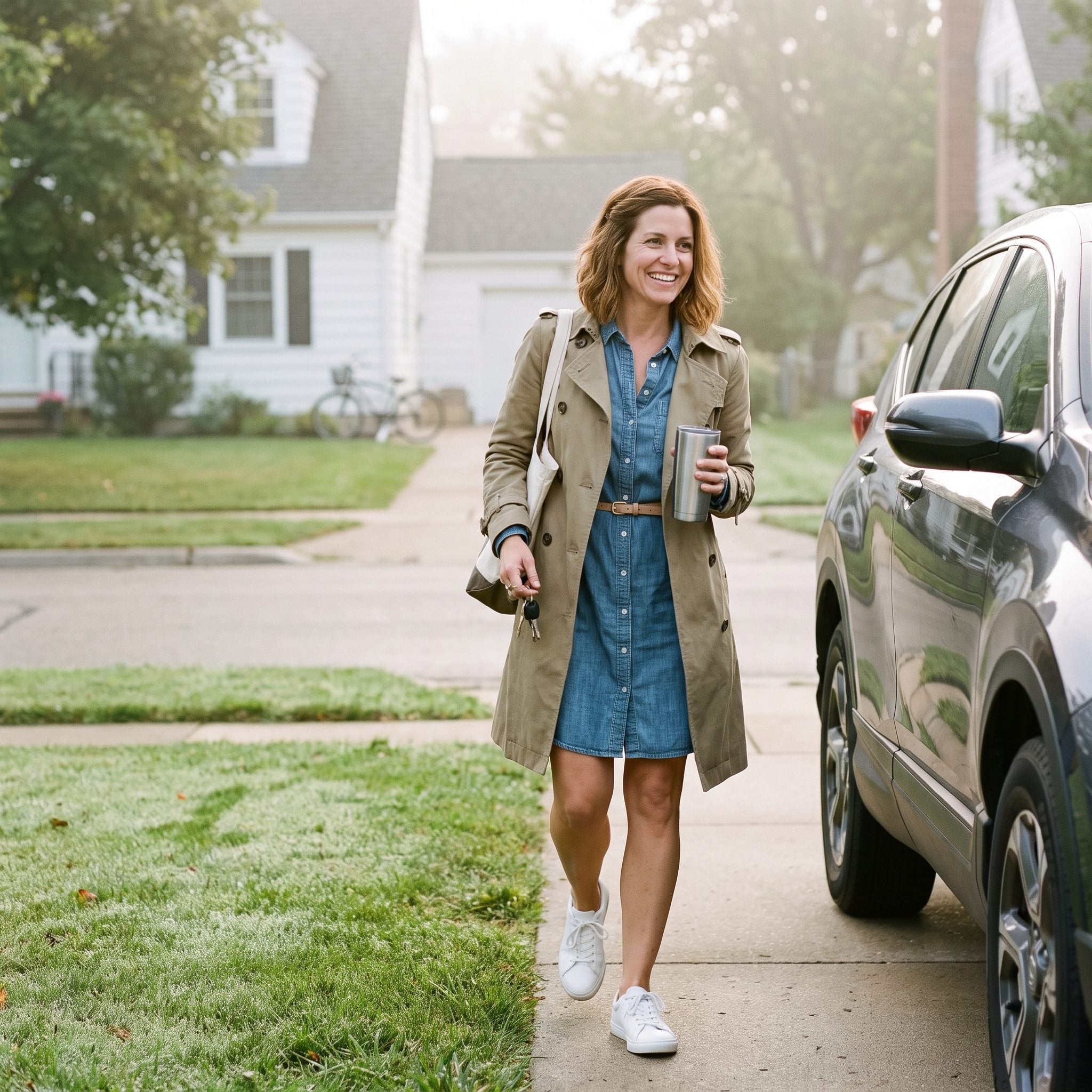 Trench Over a Denim Shirt Dress With White Sneakers on a School-Run Tuesday