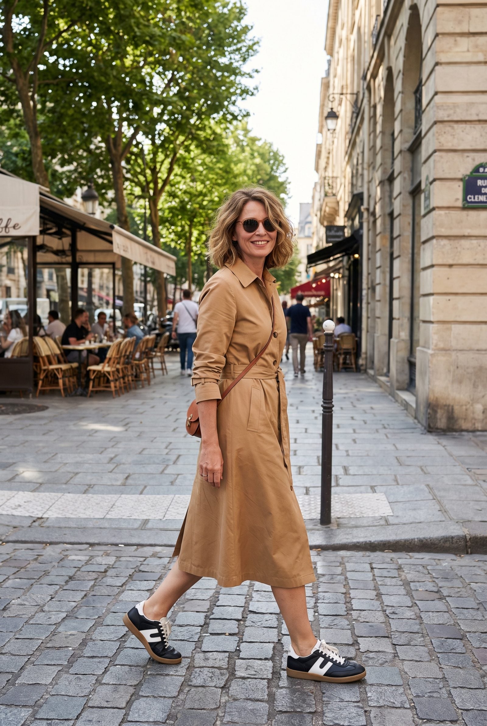 Trench Dress With Black-and-White Retro Sneakers: Chic