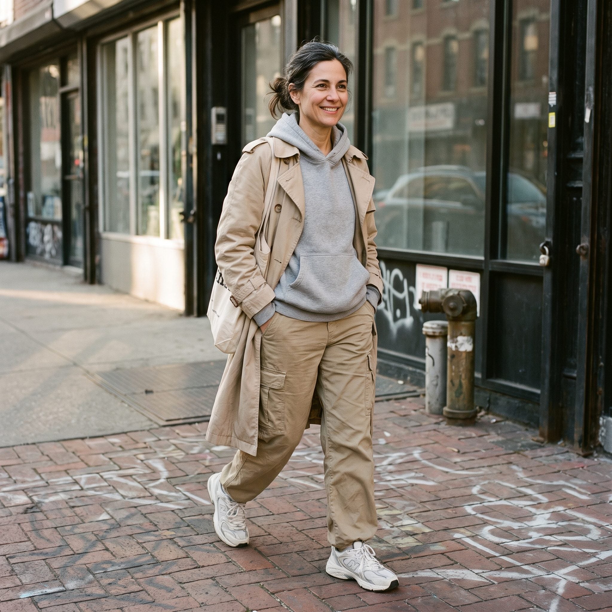 The Trench Left Open Over a Hoodie and Wide Cargo Pants, City-Kid Energy at Fifty