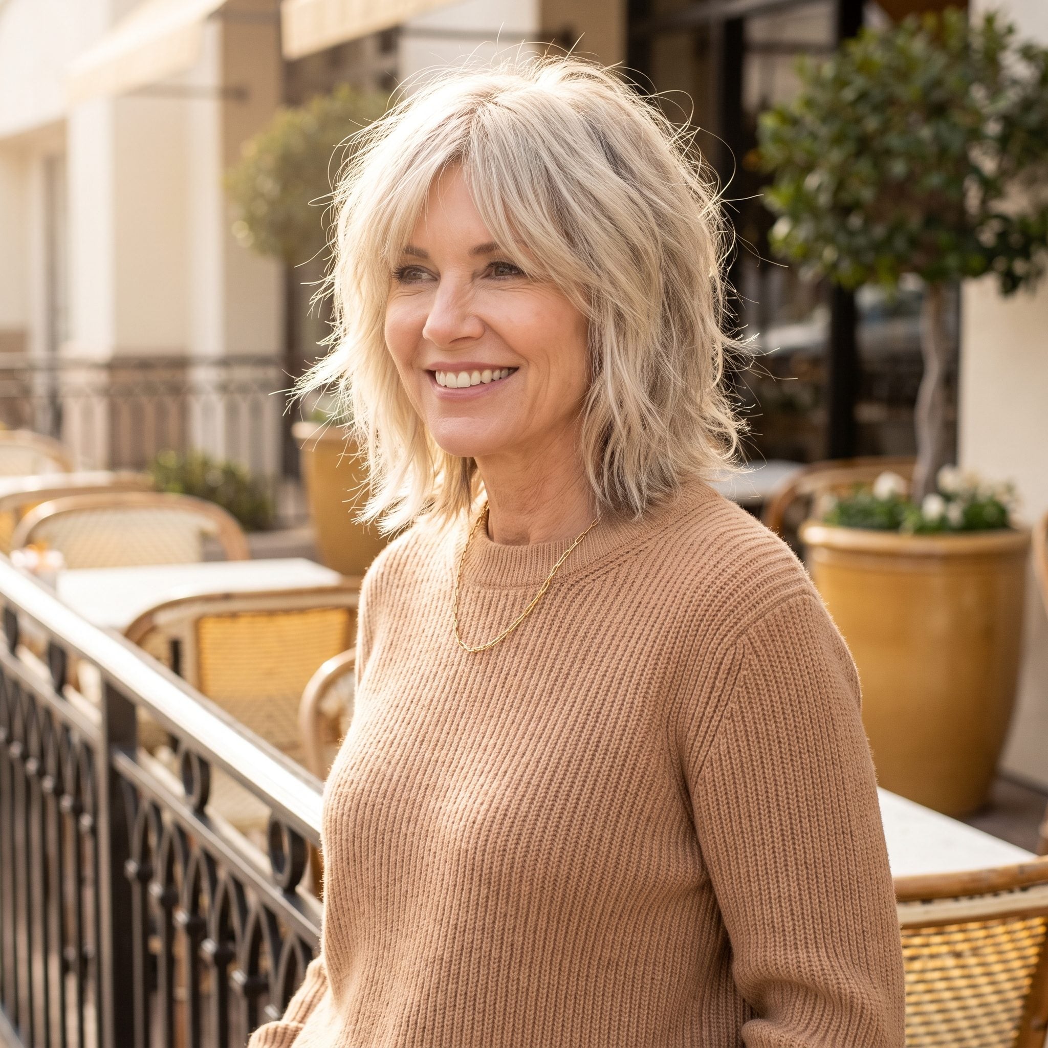 American woman with thinned ash-blonde postmenopausal hair in a shaggy wolf cut with curtain layers that fan out airy and