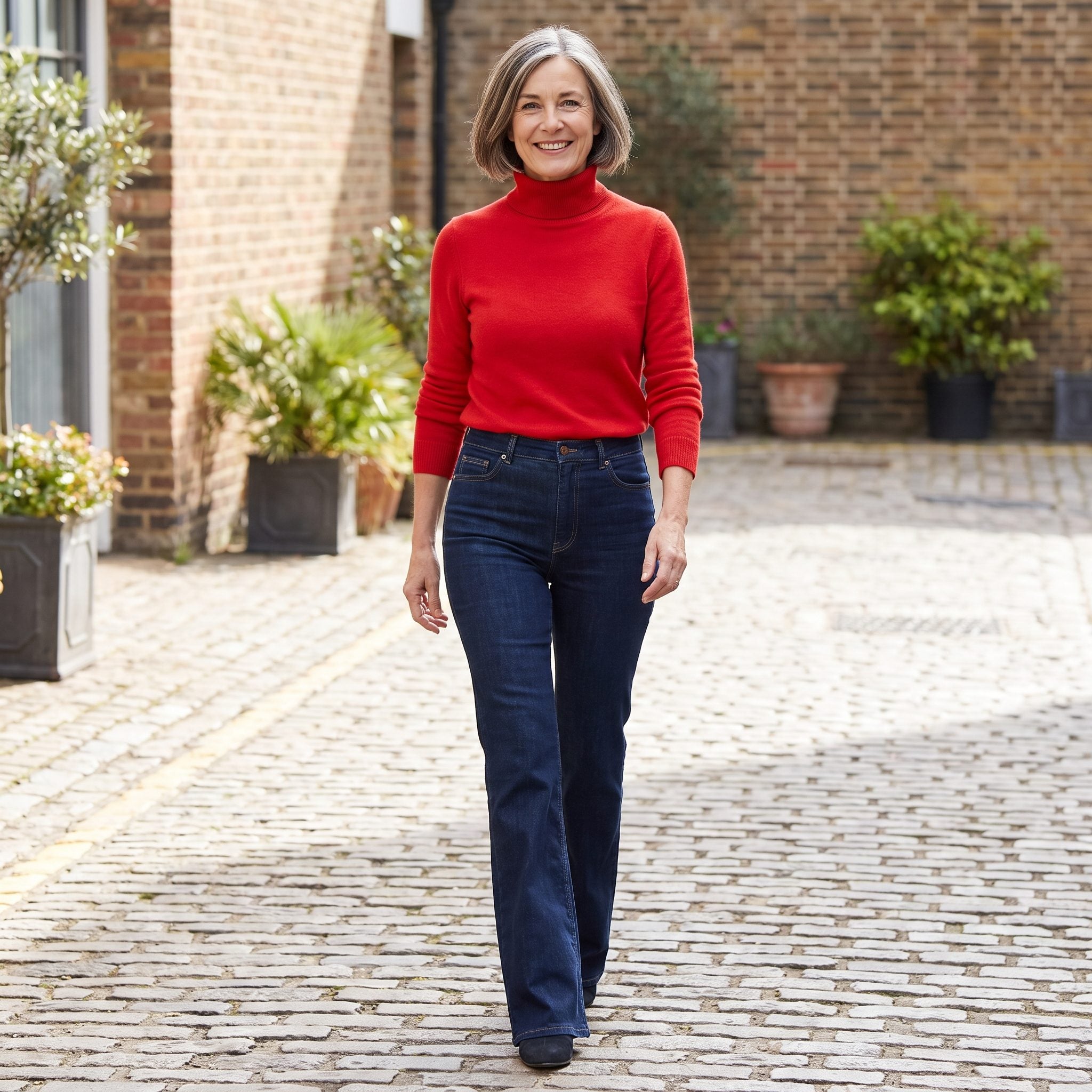 True-Red Turtleneck With Flared Indigo Jeans