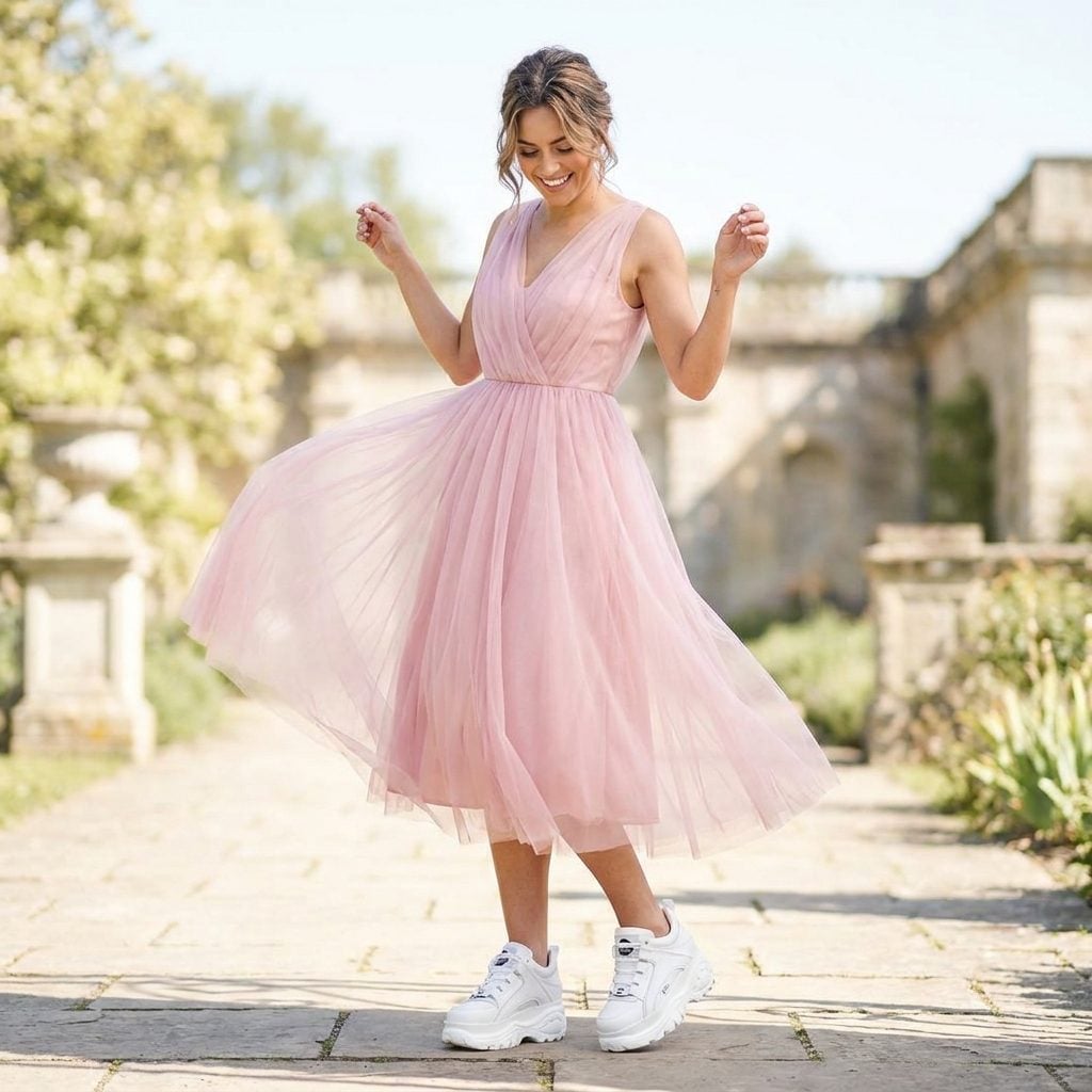 Woman in a blush tulle midi dress with chunky white platform sneakers, the tall solid sole anchoring the floating skirt.
