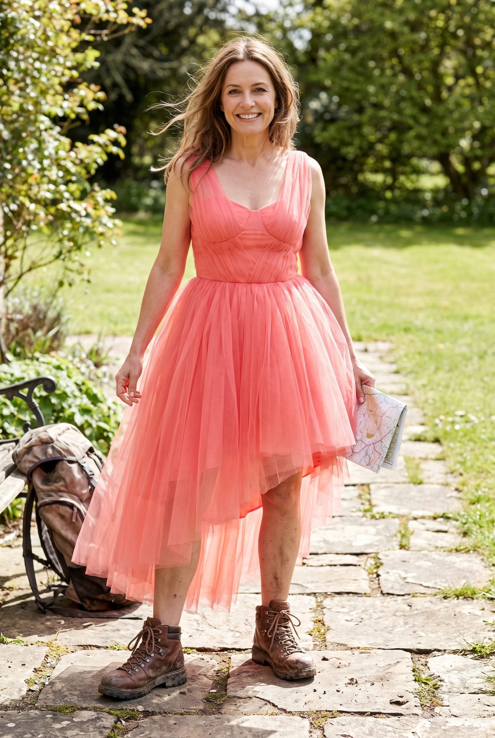Woman in a blush tulle party dress with heavy lugged-sole hiking sneakers.