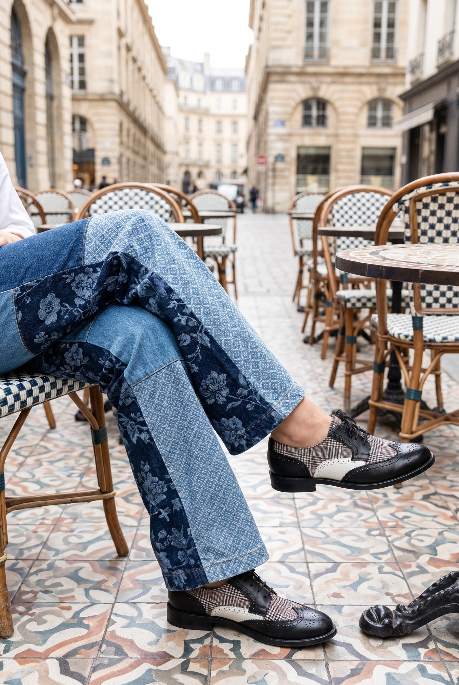 Woman in two-tone patchwork jeans and black-and-white spectator loafers on a Parisian sidewalk.