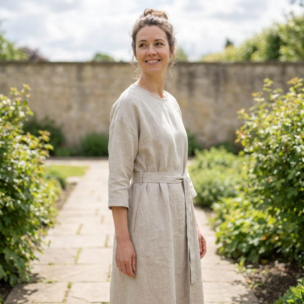 Woman in a loose oatmeal linen shift dress with a matching oatmeal belt that blends in and shows no waistline.