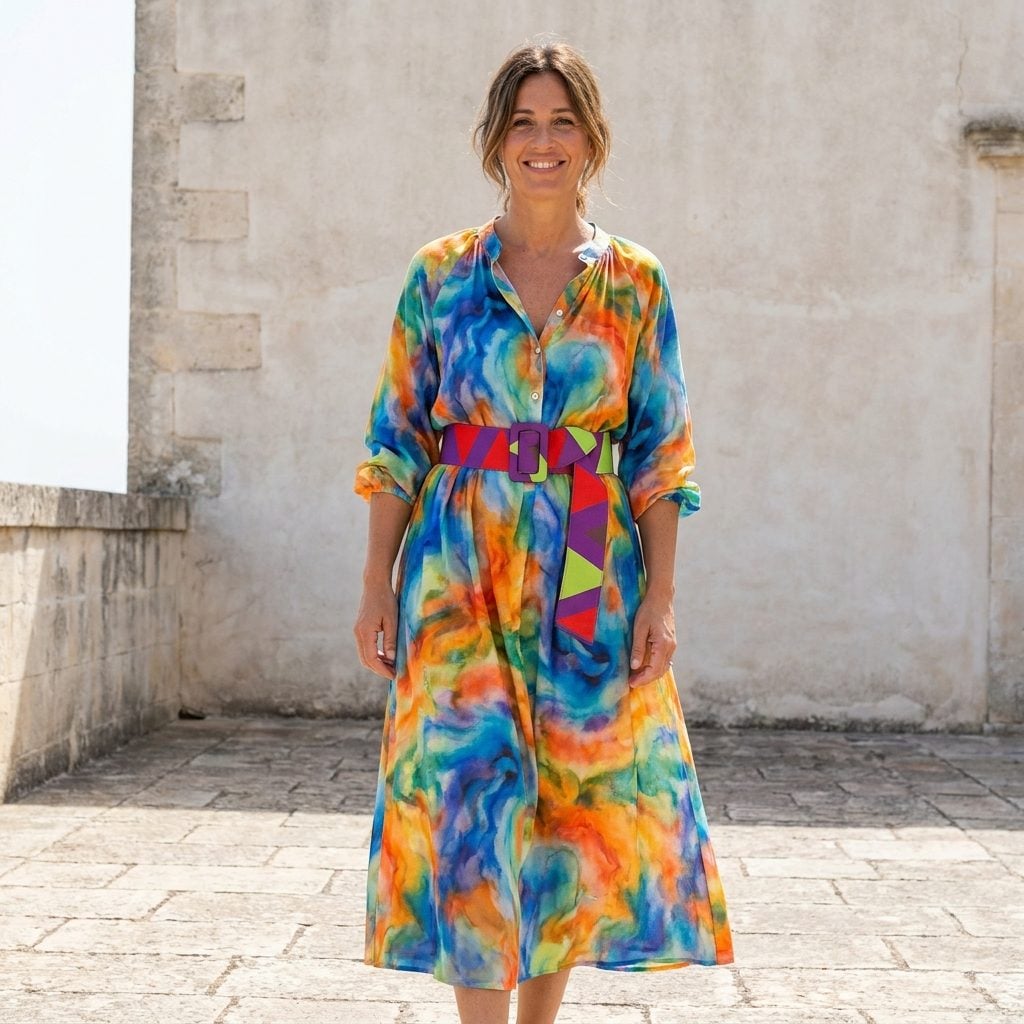 Woman in a busy floral coral and teal midi dress with a wide ornate studded brass-buckle belt at the waist.
