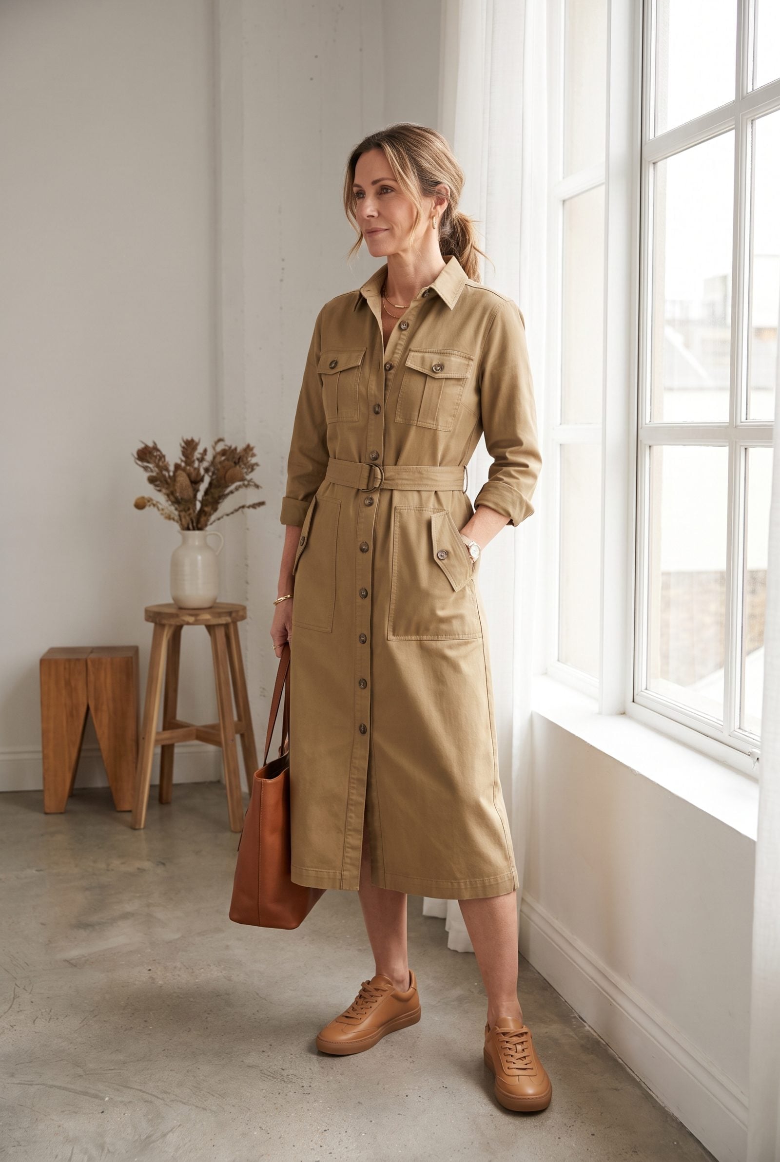 Utility Midi Dress With Tonal Gum-Sole Sneakers: Chic