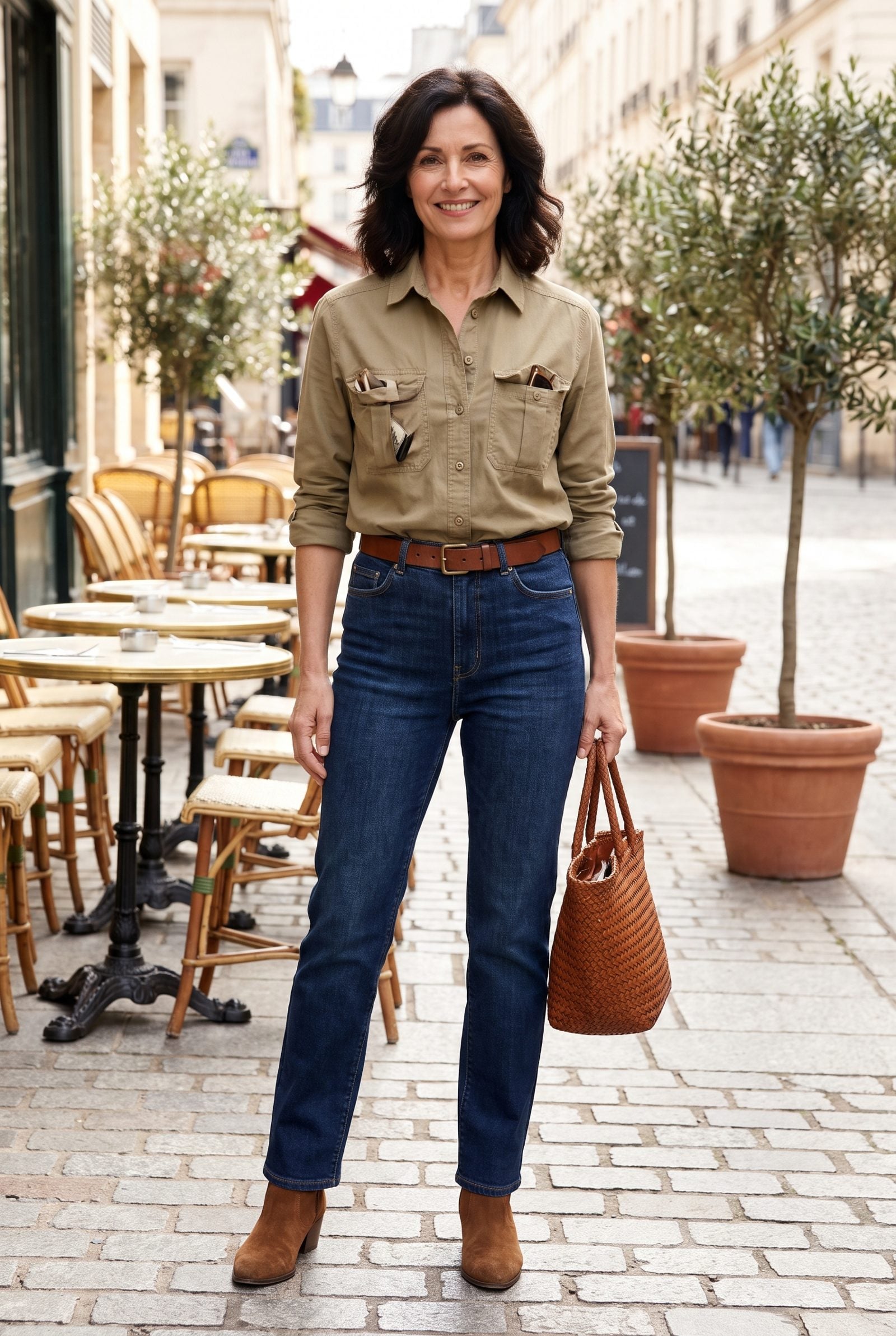 Woman in an olive utility shirt tucked into blue jeans, hip cargo pockets stuffed and bulging just above the waistband.
