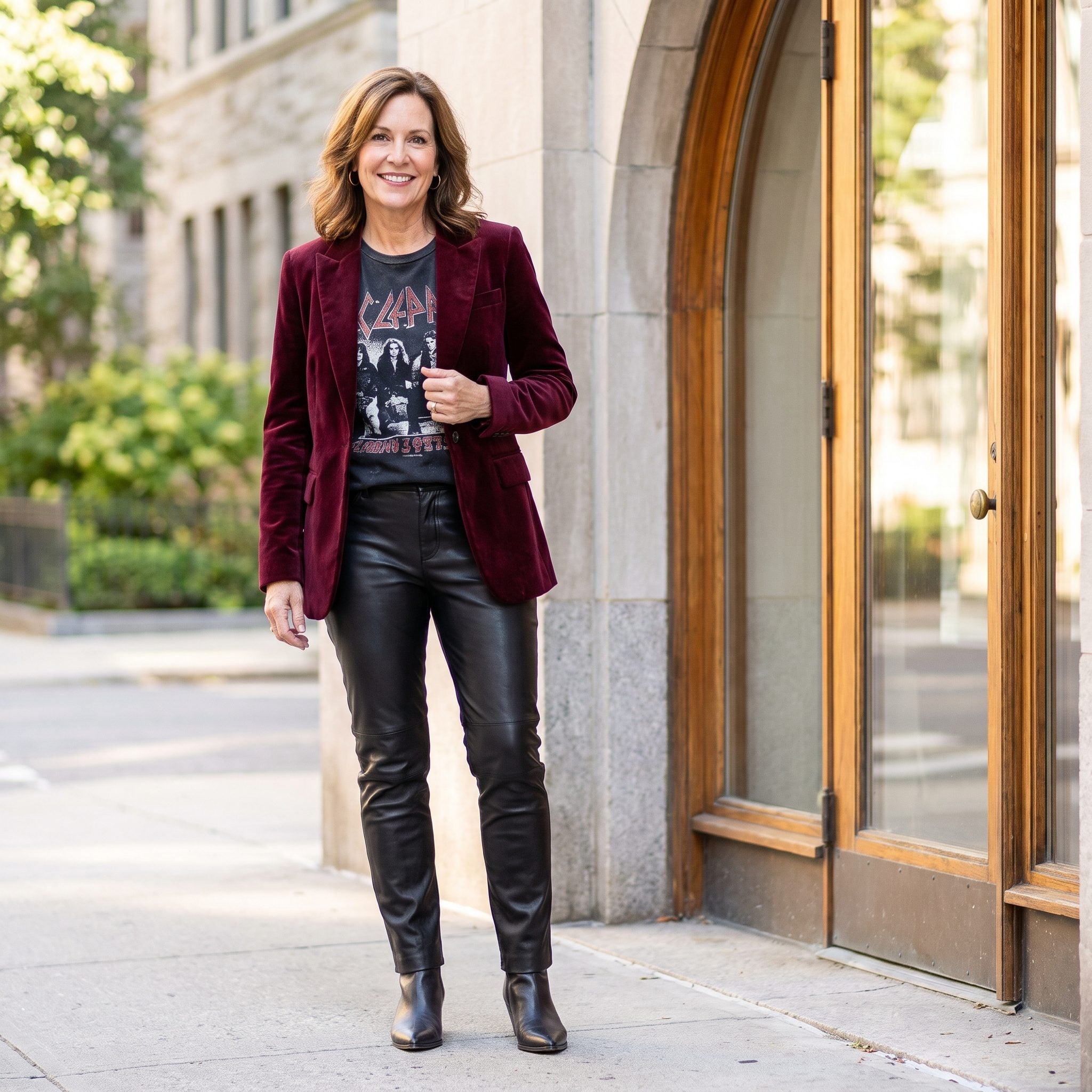 Velvet Blazer + Band Tee + Leather Trousers