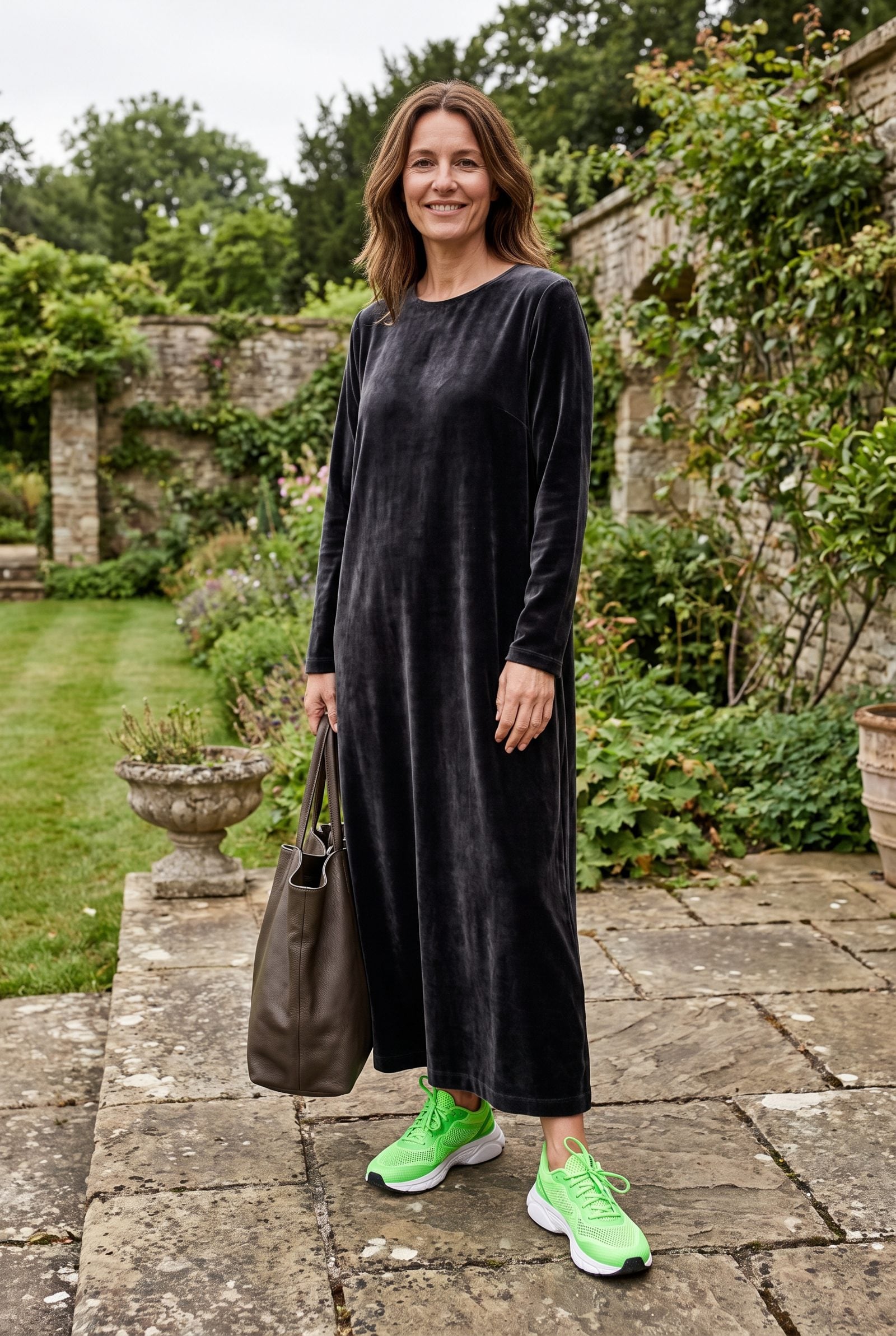 Woman in an emerald velvet column dress with neon coral and lime mesh running shoes.