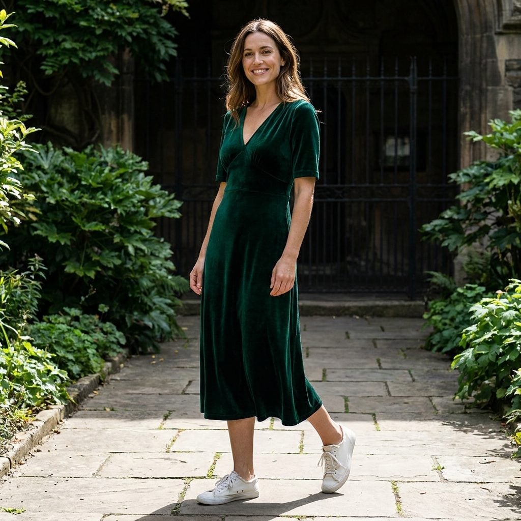 Woman in an emerald velvet midi dress with thin white canvas sneakers that look flimsy against the plush fabric.