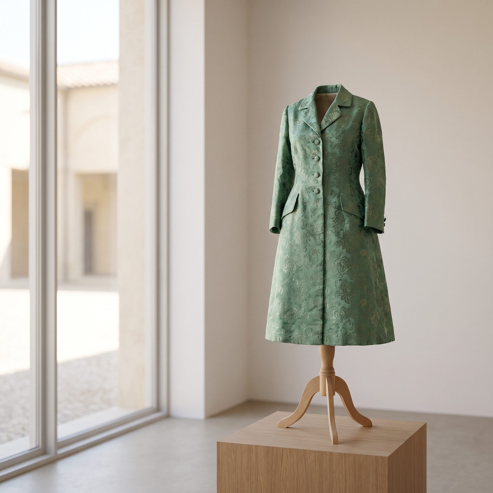 Jade brocade coat dress with covered buttons and structured shoulders