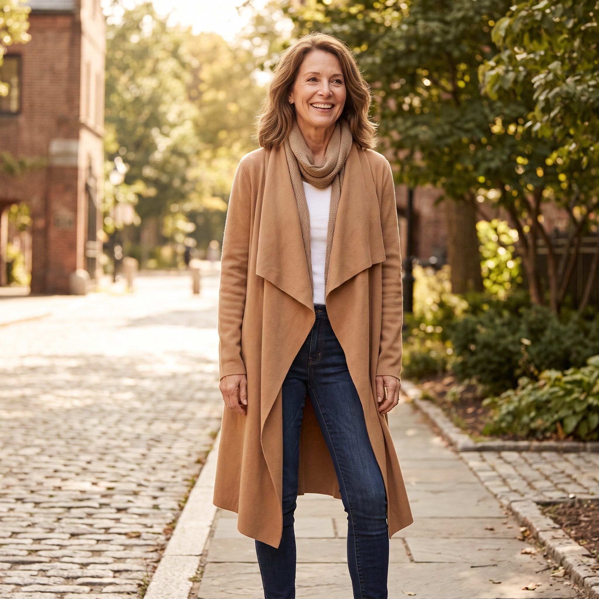 Woman in dark skinny jeans and a beige waterfall cardigan with long cascading front panels over a fitted camisole.