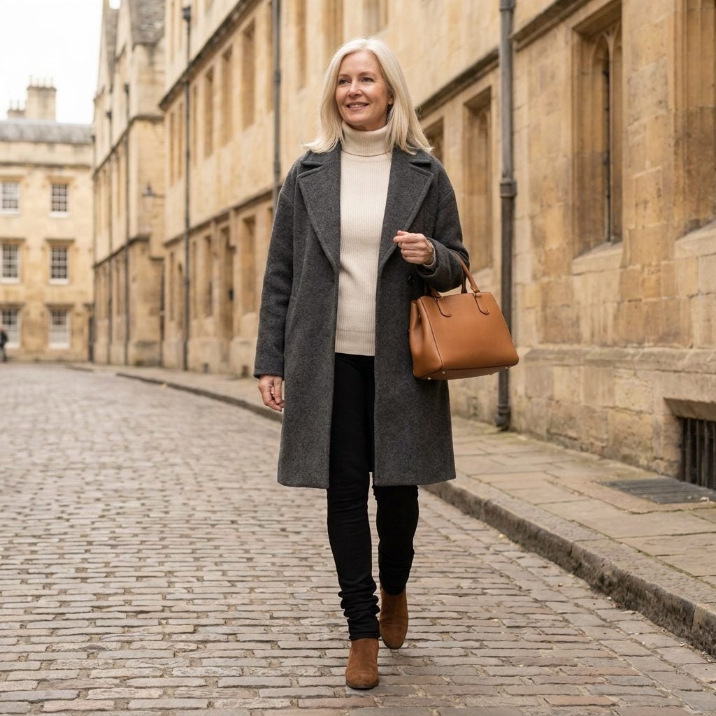 Woman in black leggings and a grey coat with the legging hem bunching at the opening of brown suede ankle boots.