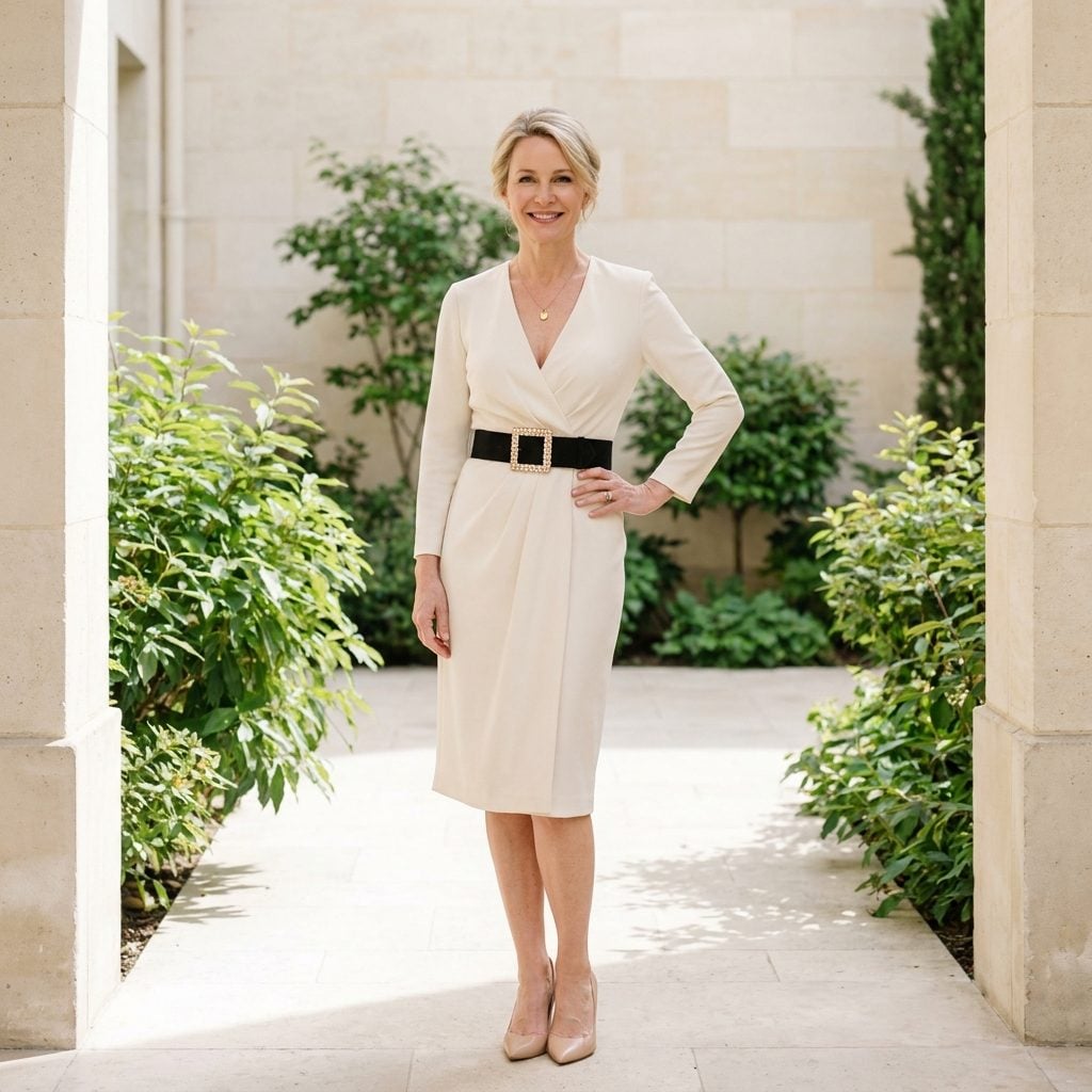 Woman in a cream wrap dress with a delicate pendant necklace and a four-inch rhinestone belt buckle at the waist.