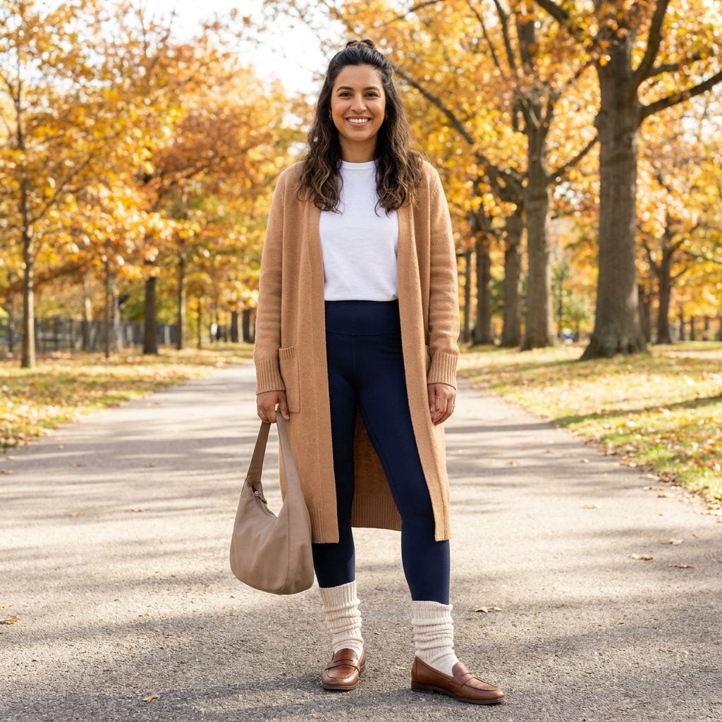 Woman in navy leggings and a camel cardigan with thick cream socks bunched unevenly over the leggings at the ankle.