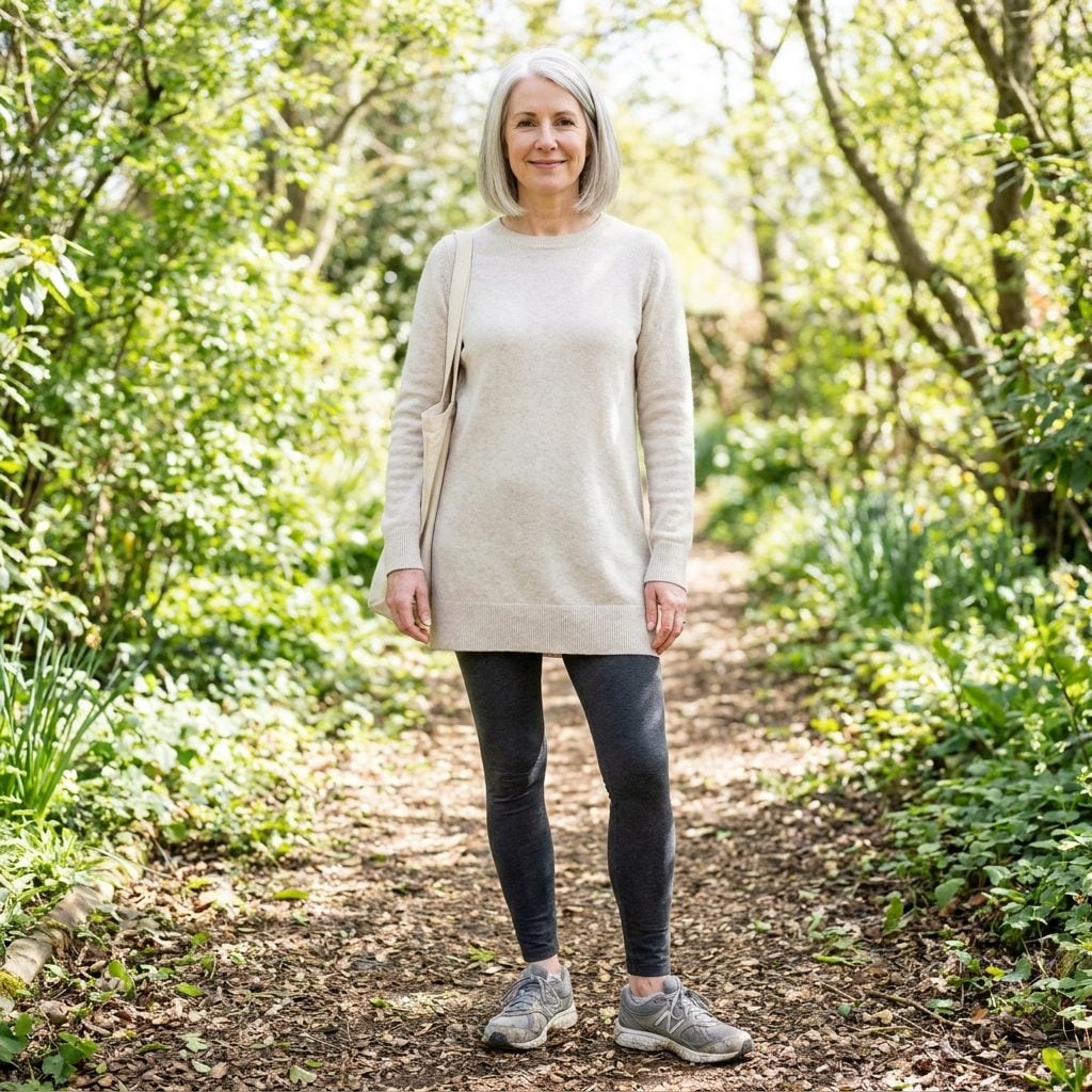 Woman in charcoal leggings and an oatmeal tunic wearing scuffed, dirty grey running shoes.