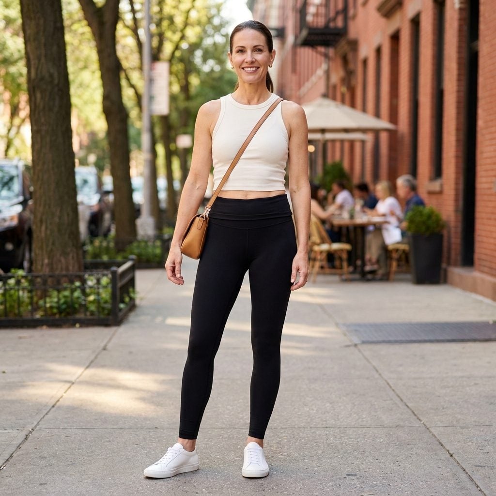 Woman in black leggings and an ivory crop tank, the tank ending three inches above the rolling waistband.
