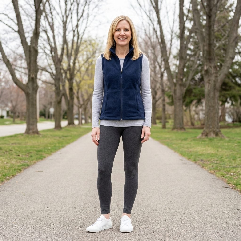 Woman in charcoal leggings and sneakers wearing a navy fleece vest zipped all the way up to the throat.