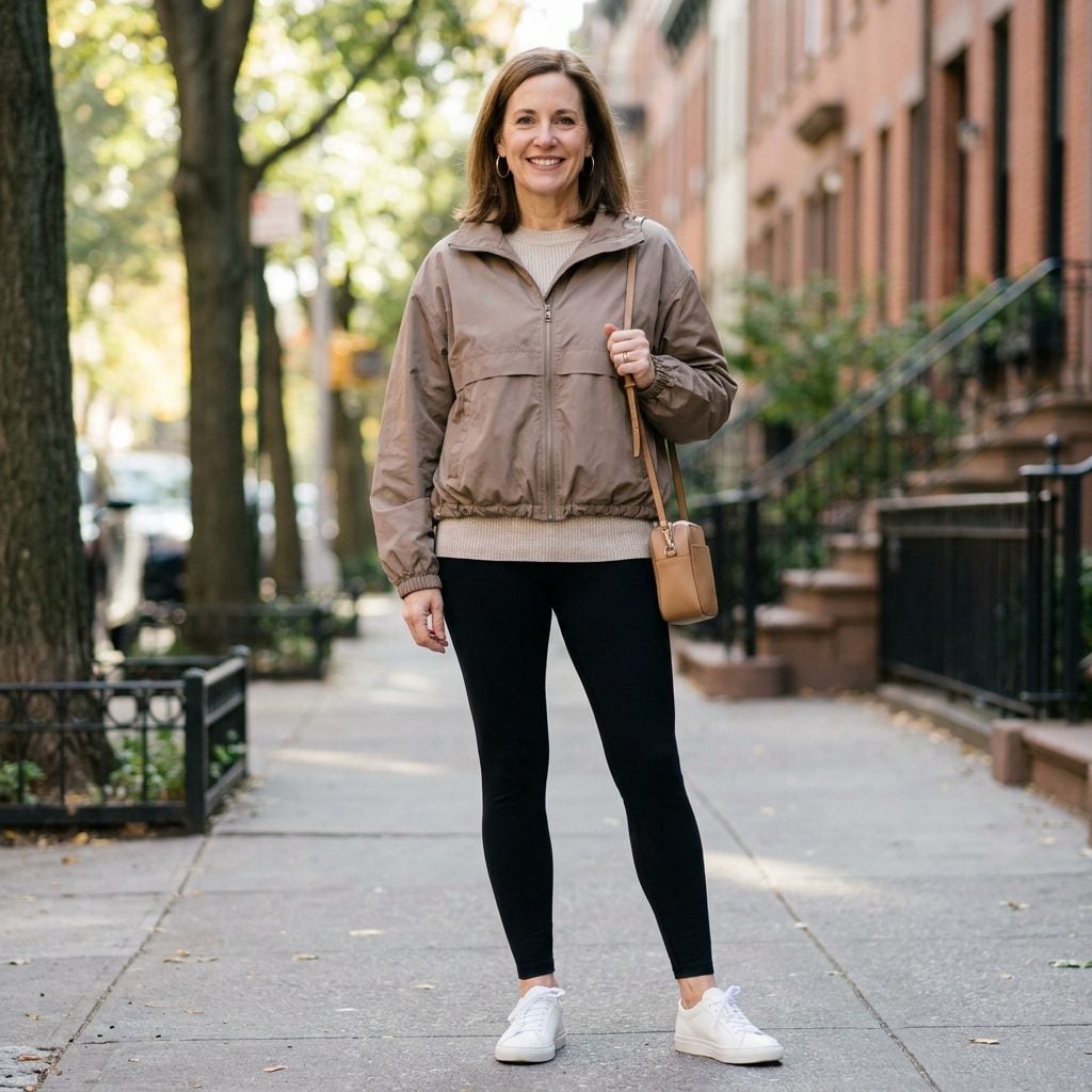 Woman in black leggings, oatmeal knit and white sneakers under a hip-length taupe anorak zipped closed with a wide elastic