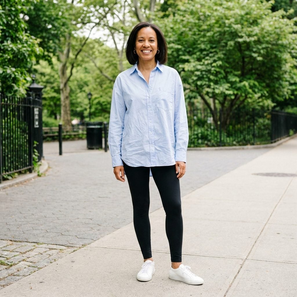 Woman in black leggings and a wrinkled untucked pale blue button-down shirt with the collar slightly askew.
