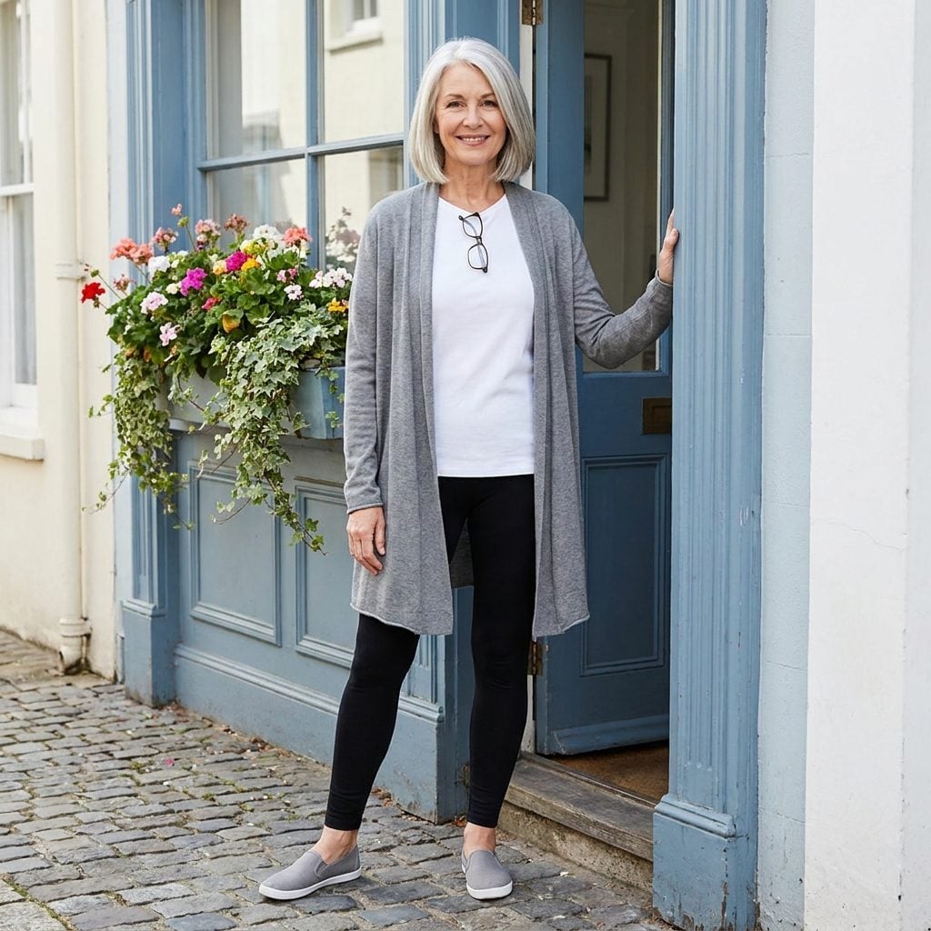 Woman in black leggings, white tee and a long grey cardigan stretched slightly out of shape at hem and cuffs.