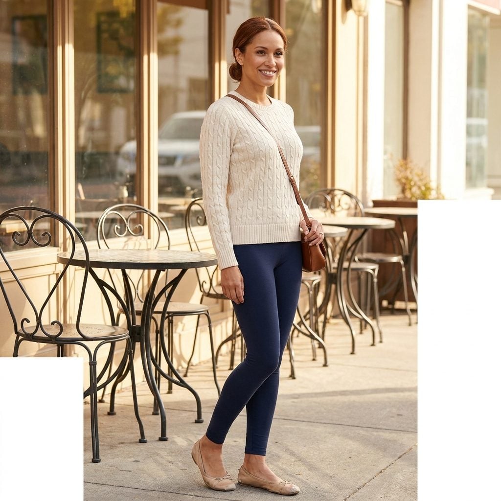 Woman in navy leggings and a cream sweater wearing worn beige ballet flats with collapsed heel backs.