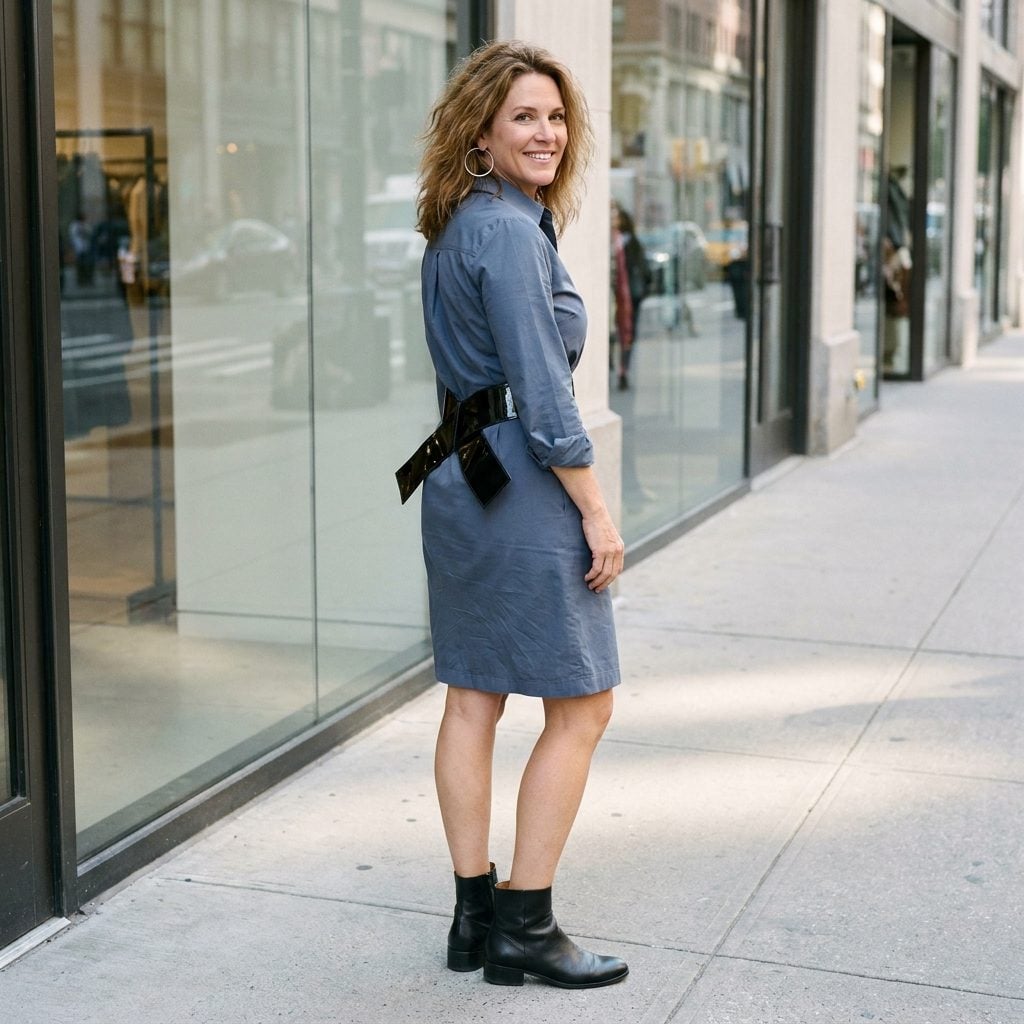 Woman in a slate shirtdress with a rigid wide patent belt that gaps and bows away from the waist instead of following the body.