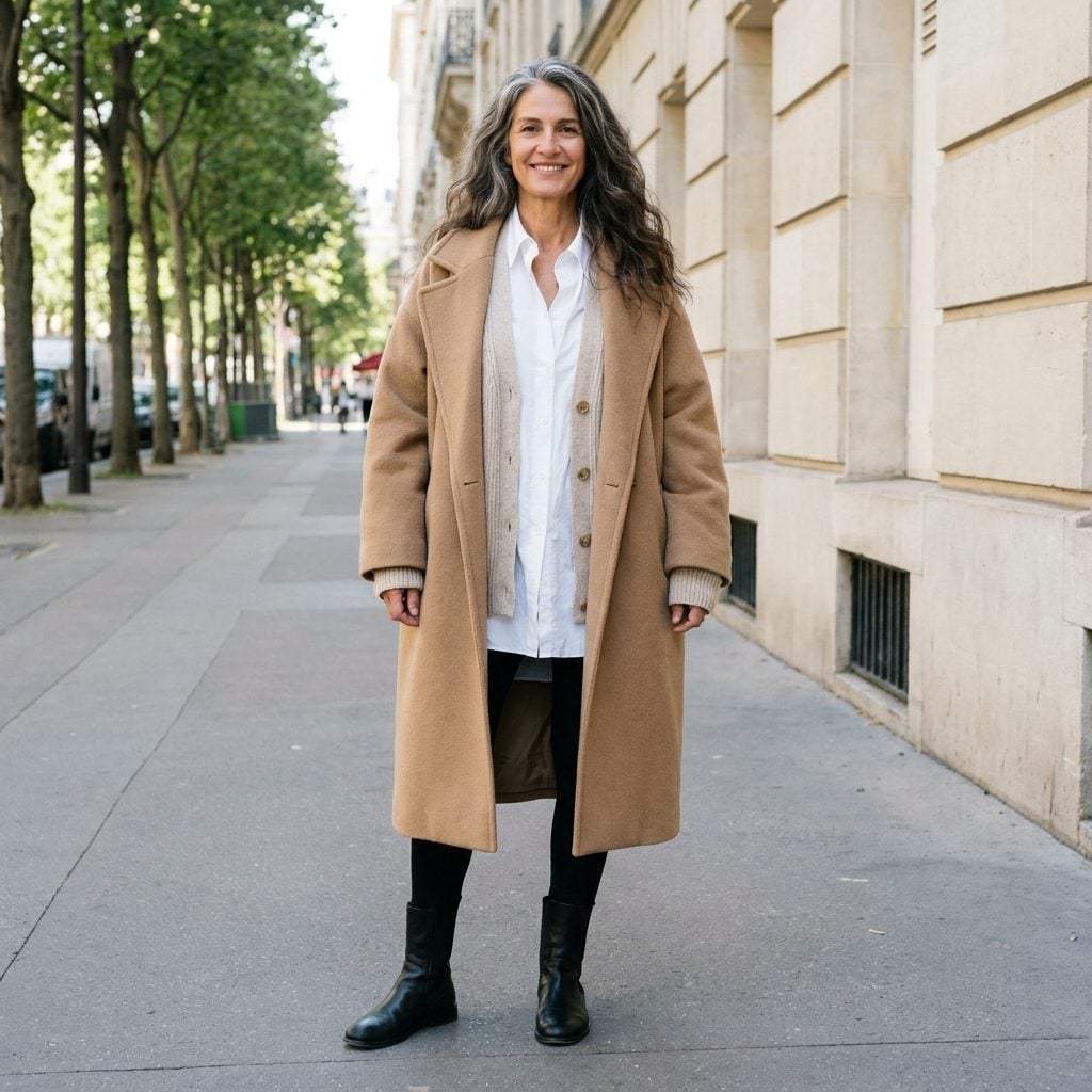 Woman in slim black leggings under three oversized layers: a loose shirt, slouchy cardigan and bulky camel coat.