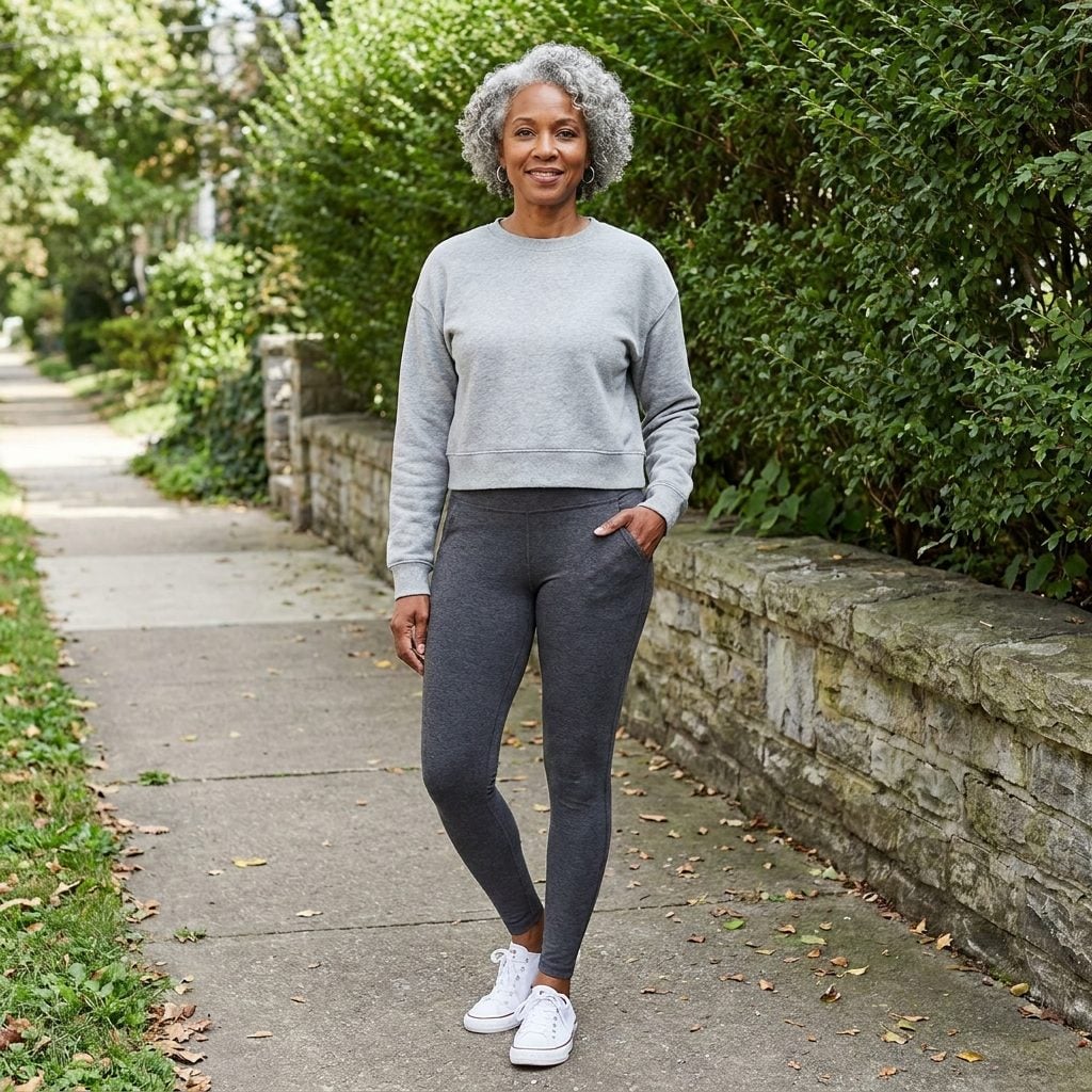 Woman in charcoal leggings and a plain grey sweatshirt cropped at the natural waist.