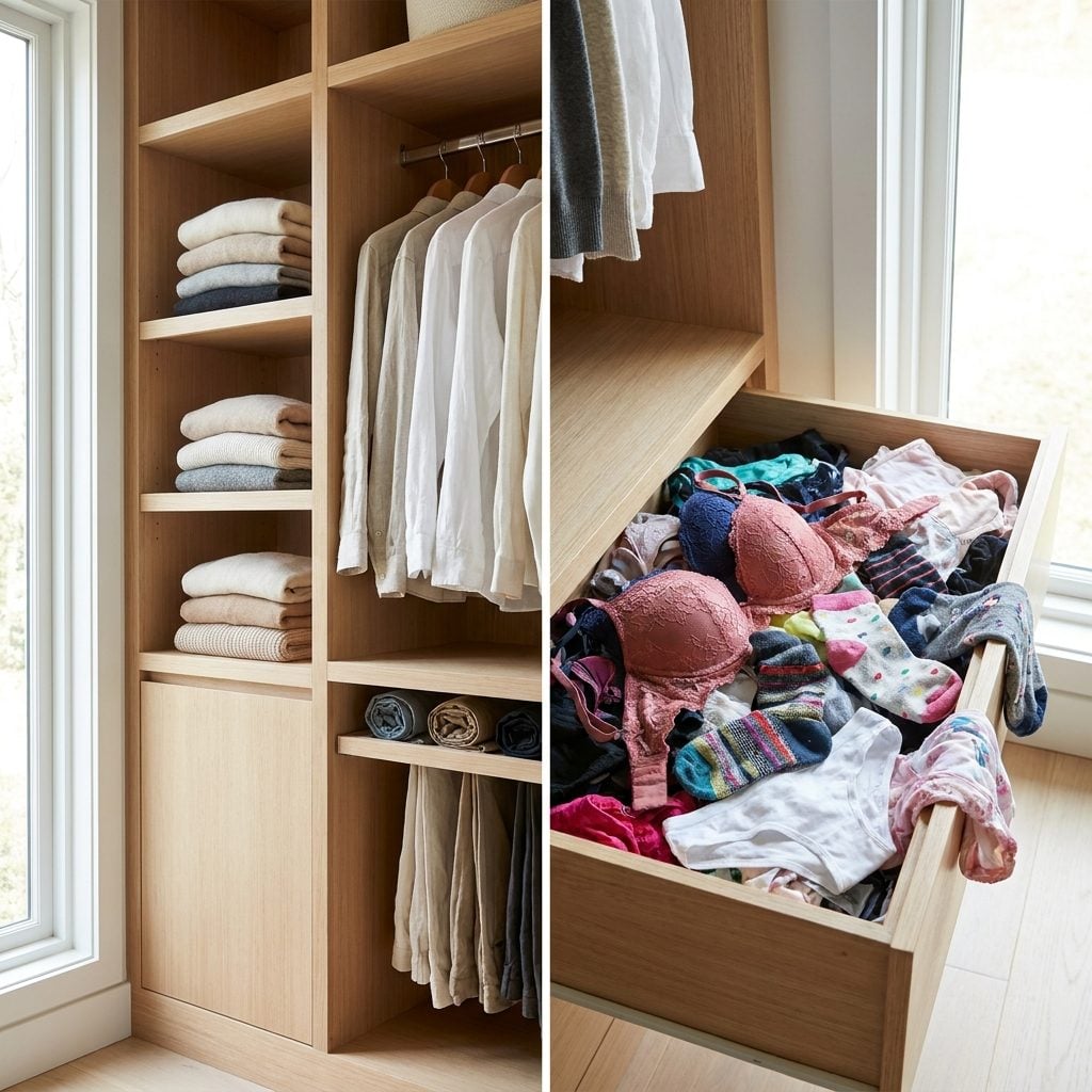 Top-down view of an open drawer showing three identical black bras, rolled tights, and faded cotton briefs in separate